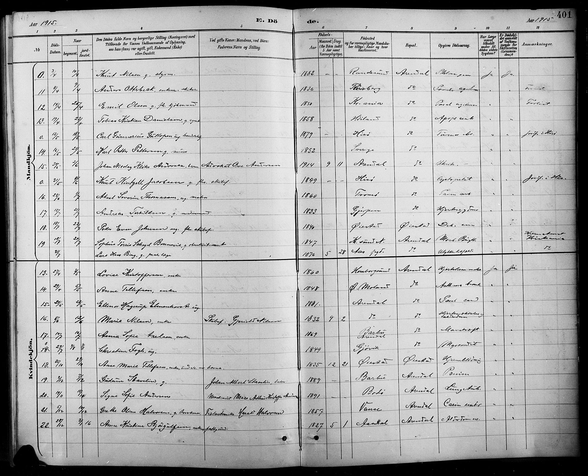 Arendal sokneprestkontor, Trefoldighet, SAK/1111-0040/F/Fb/L0006: Parish register (copy) no. B 6, 1889-1916, p. 401