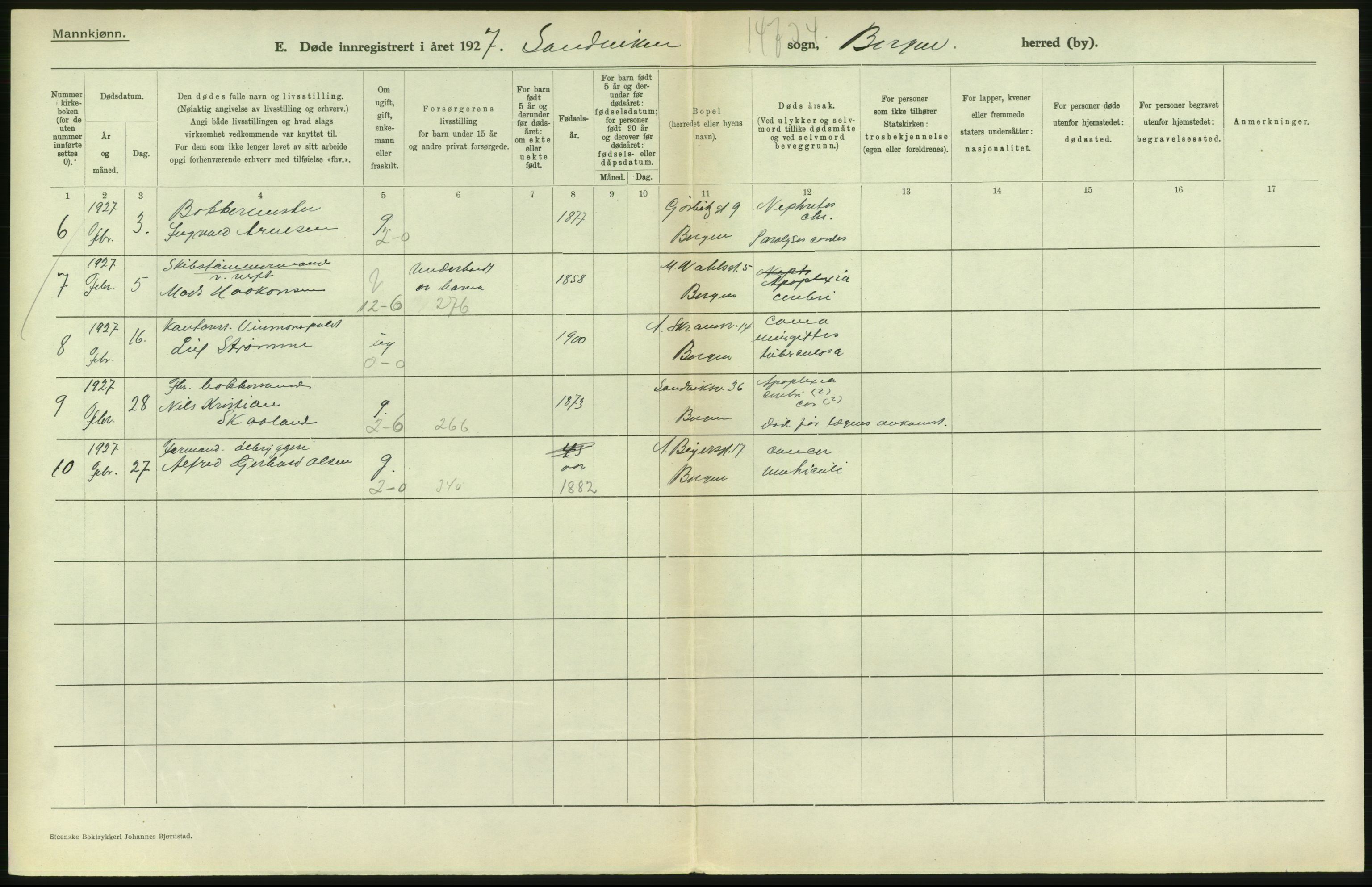 Statistisk sentralbyrå, Sosiodemografiske emner, Befolkning, RA/S-2228/D/Df/Dfc/Dfcg/L0028: Bergen: Gifte, døde., 1927, p. 686