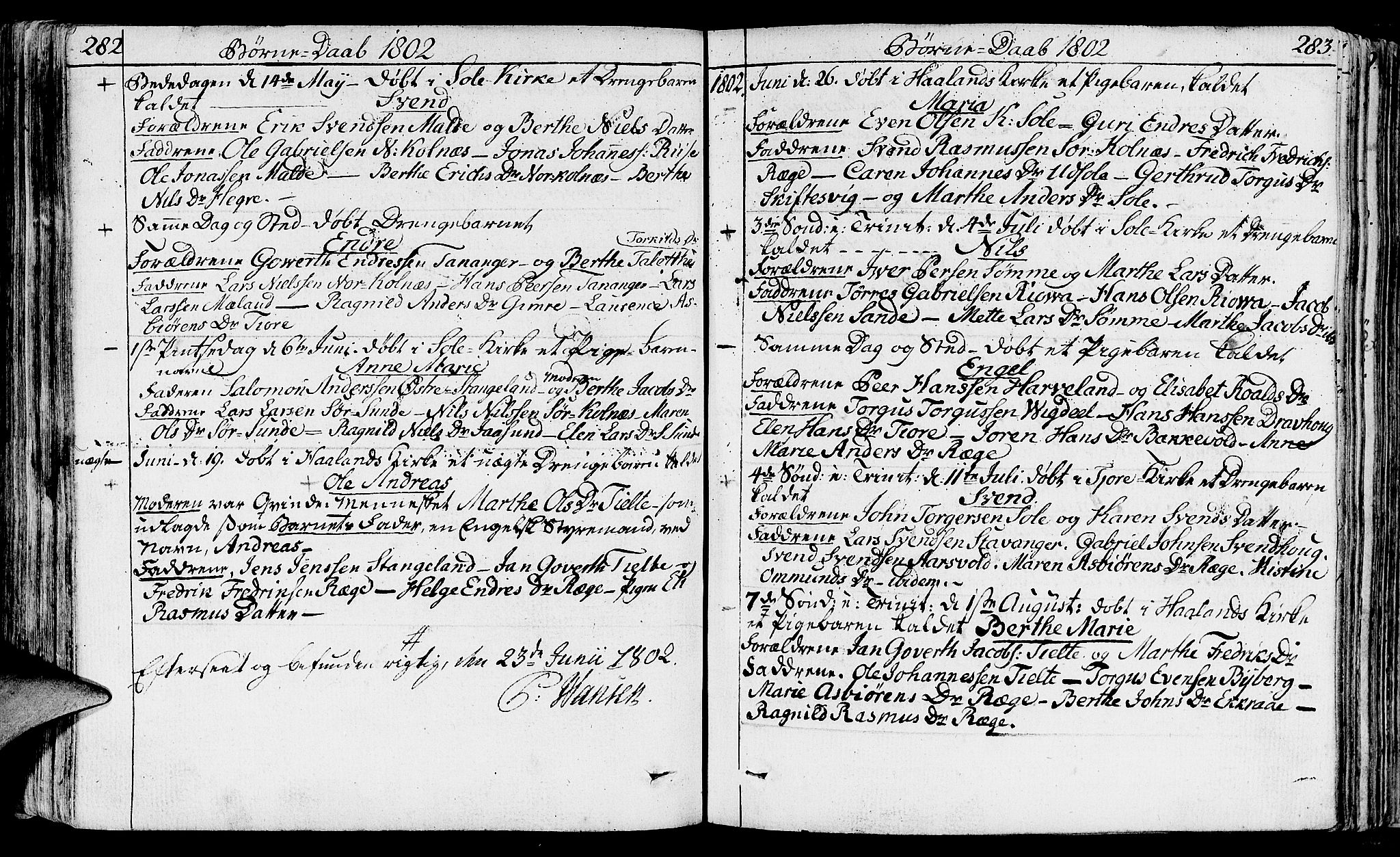 Håland sokneprestkontor, AV/SAST-A-101802/001/30BA/L0003: Parish register (official) no. A 3, 1794-1815, p. 282-283