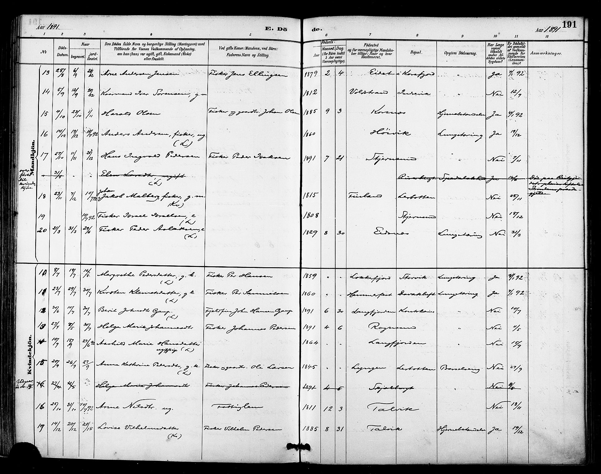 Talvik sokneprestkontor, AV/SATØ-S-1337/H/Ha/L0013kirke: Parish register (official) no. 13, 1886-1897, p. 191