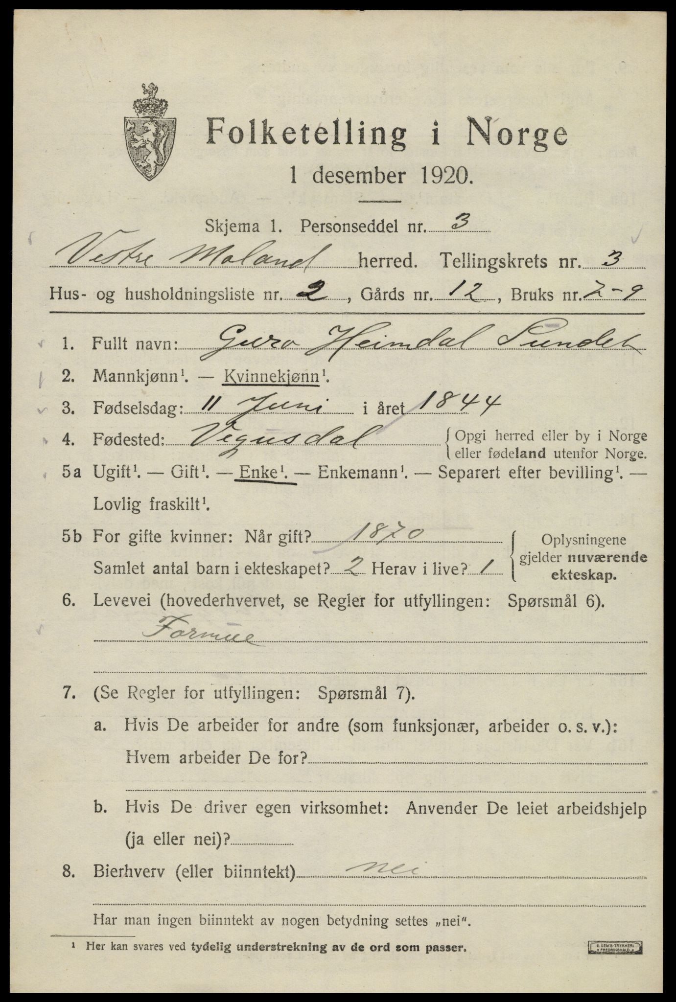 SAK, 1920 census for Vestre Moland, 1920, p. 3349