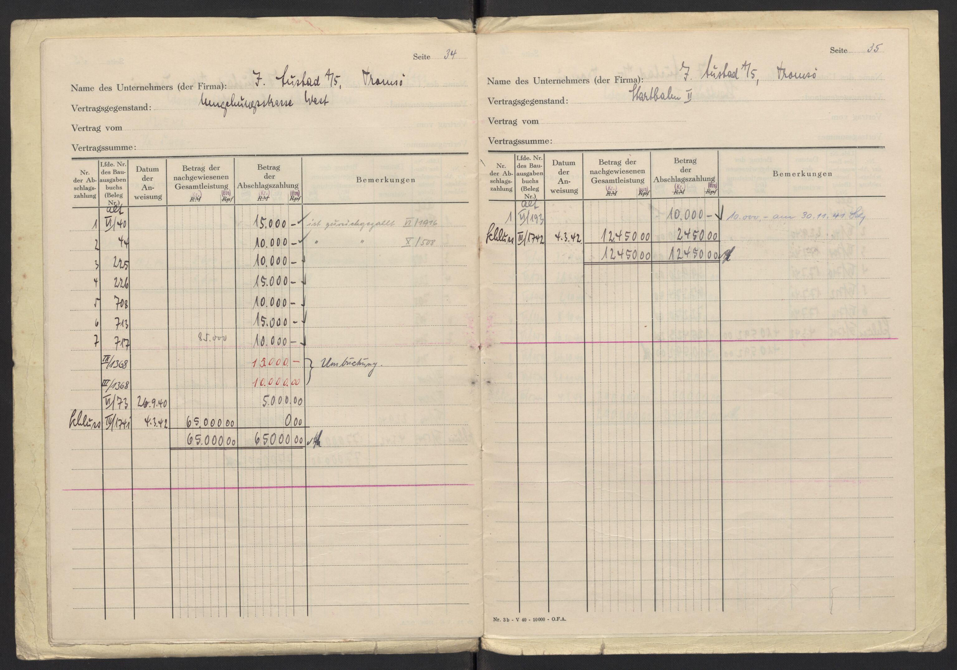 Tyske arkiver, Organisation Todt (OT), Einsatzgruppe Wiking, AV/RA-RAFA-2188/2/F/Fg/Fgb/L0005: Bltg. L.W. Bardufoss: Diverse regnskapsbøker, 1940