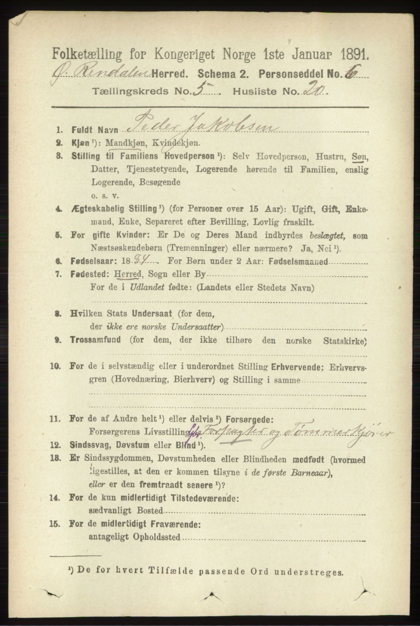 RA, 1891 census for 0433 Øvre Rendal, 1891, p. 1444