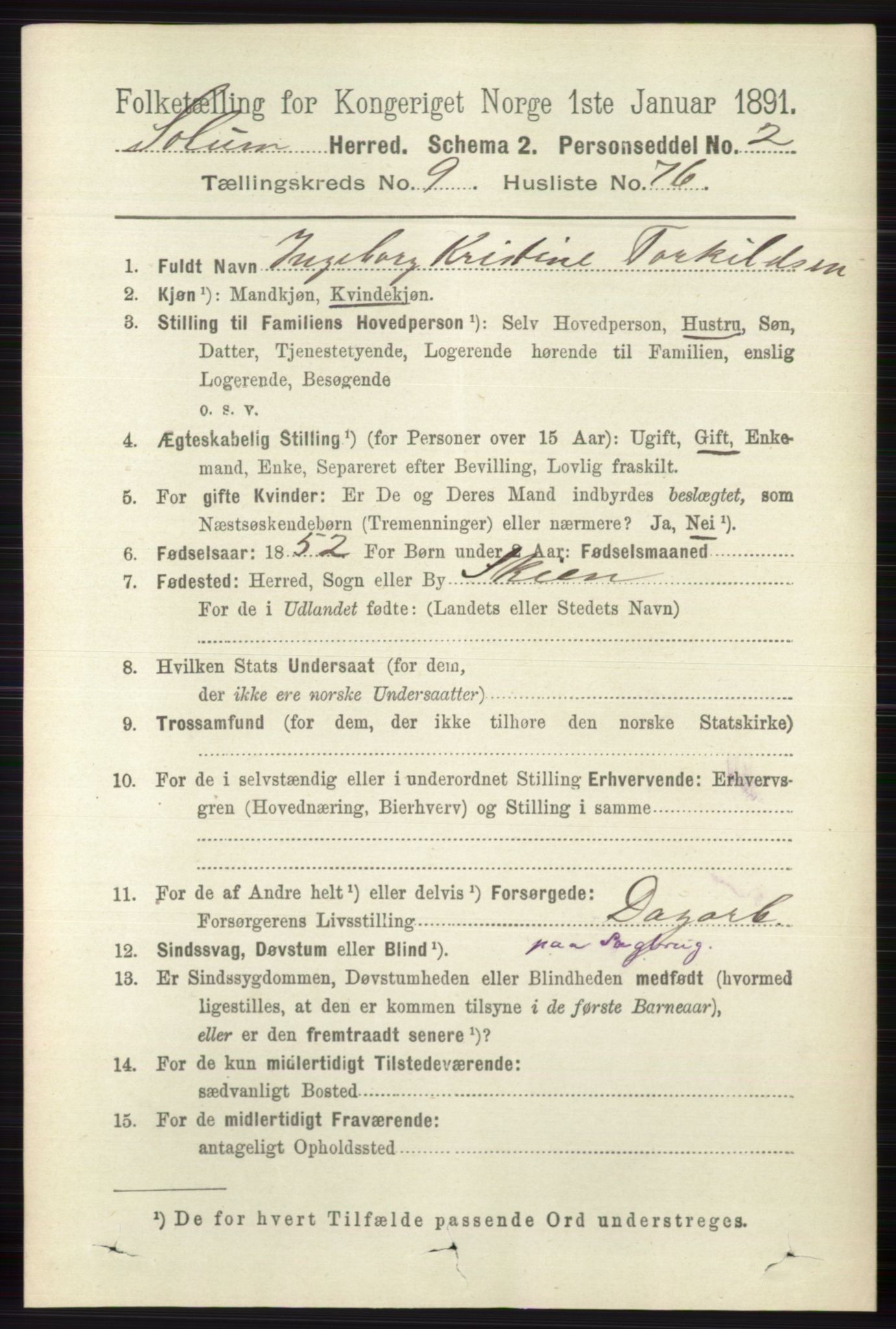 RA, 1891 census for 0818 Solum, 1891, p. 2478