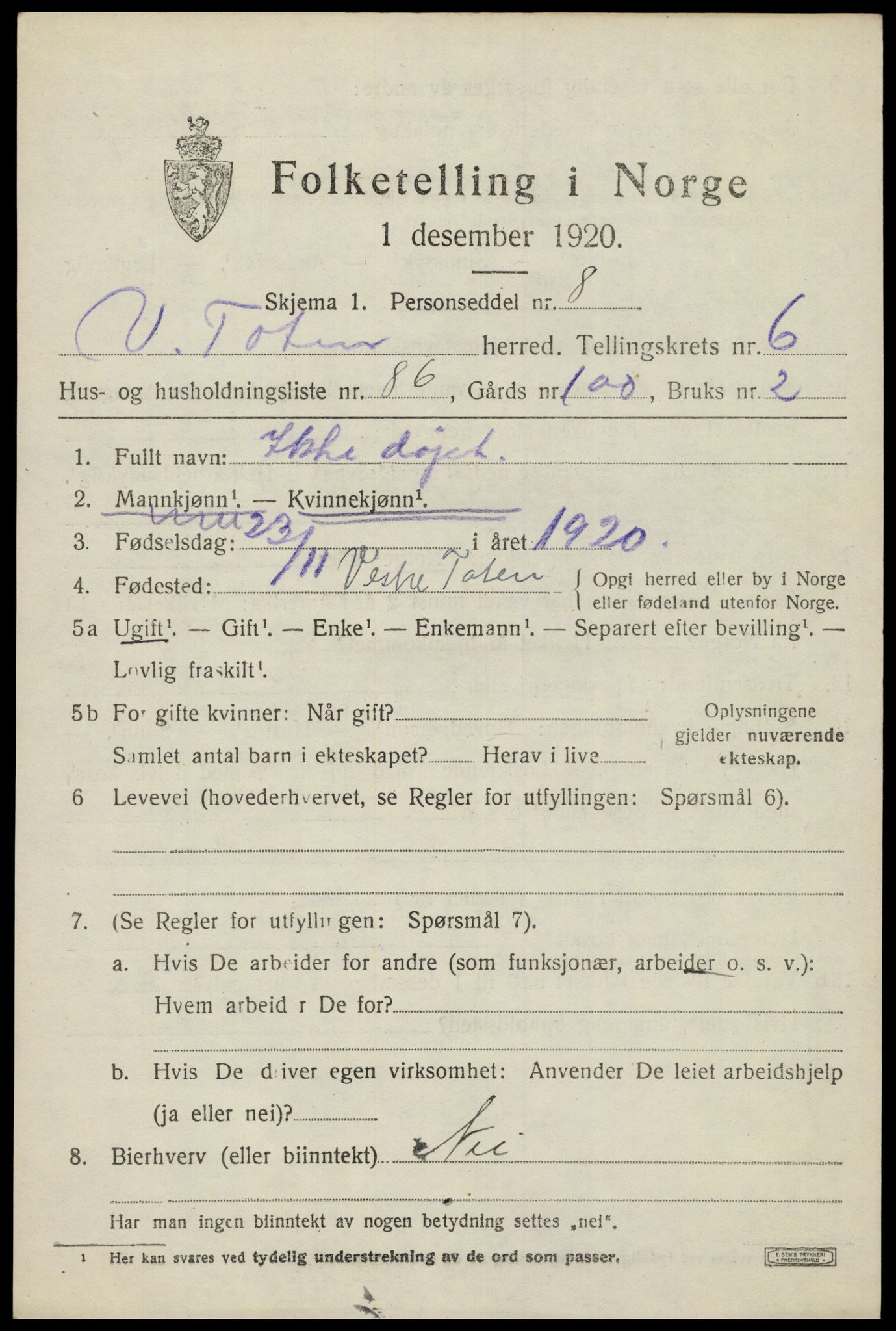 SAH, 1920 census for Vestre Toten, 1920, p. 9216