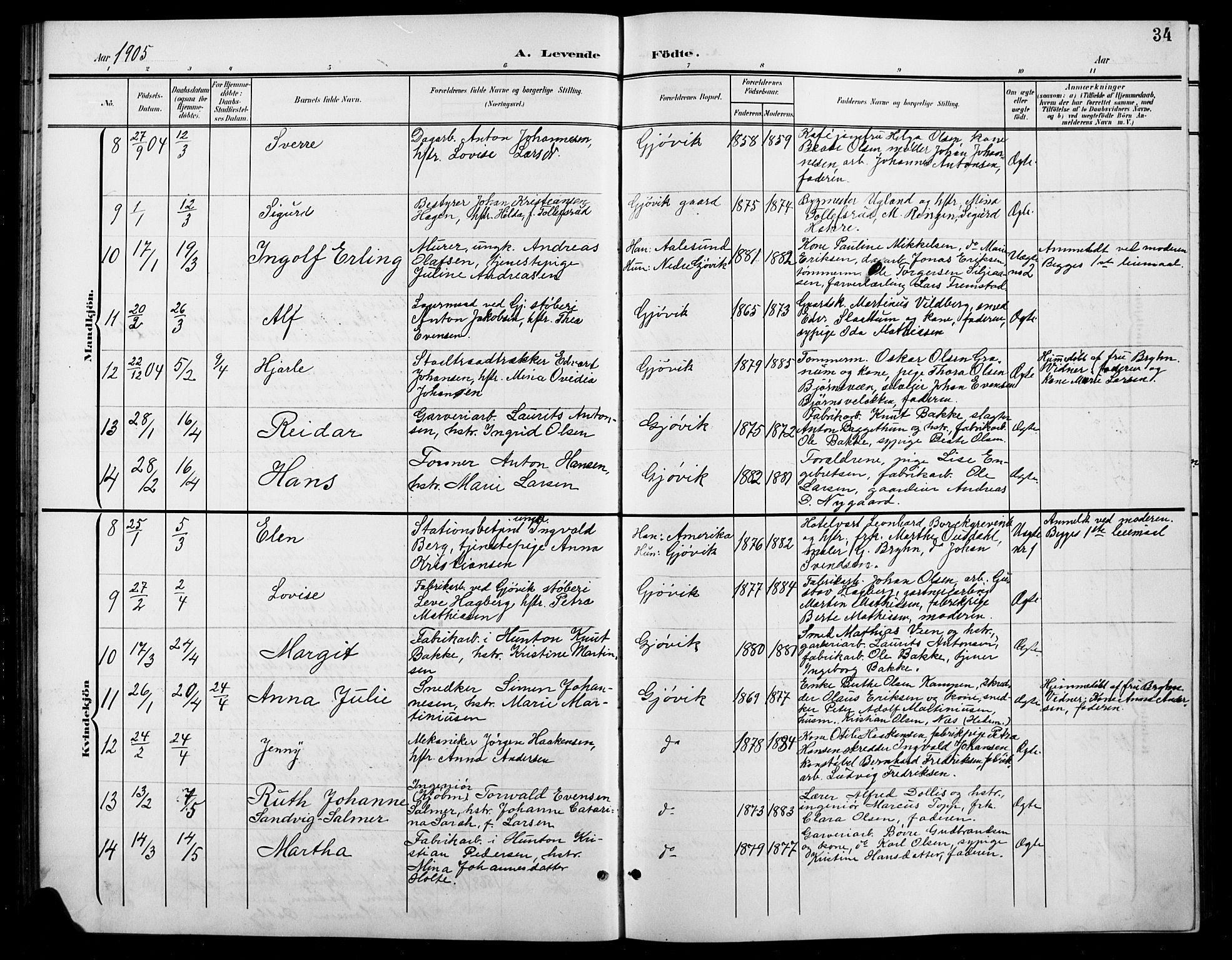 Vardal prestekontor, SAH/PREST-100/H/Ha/Hab/L0012: Parish register (copy) no. 12, 1902-1911, p. 34