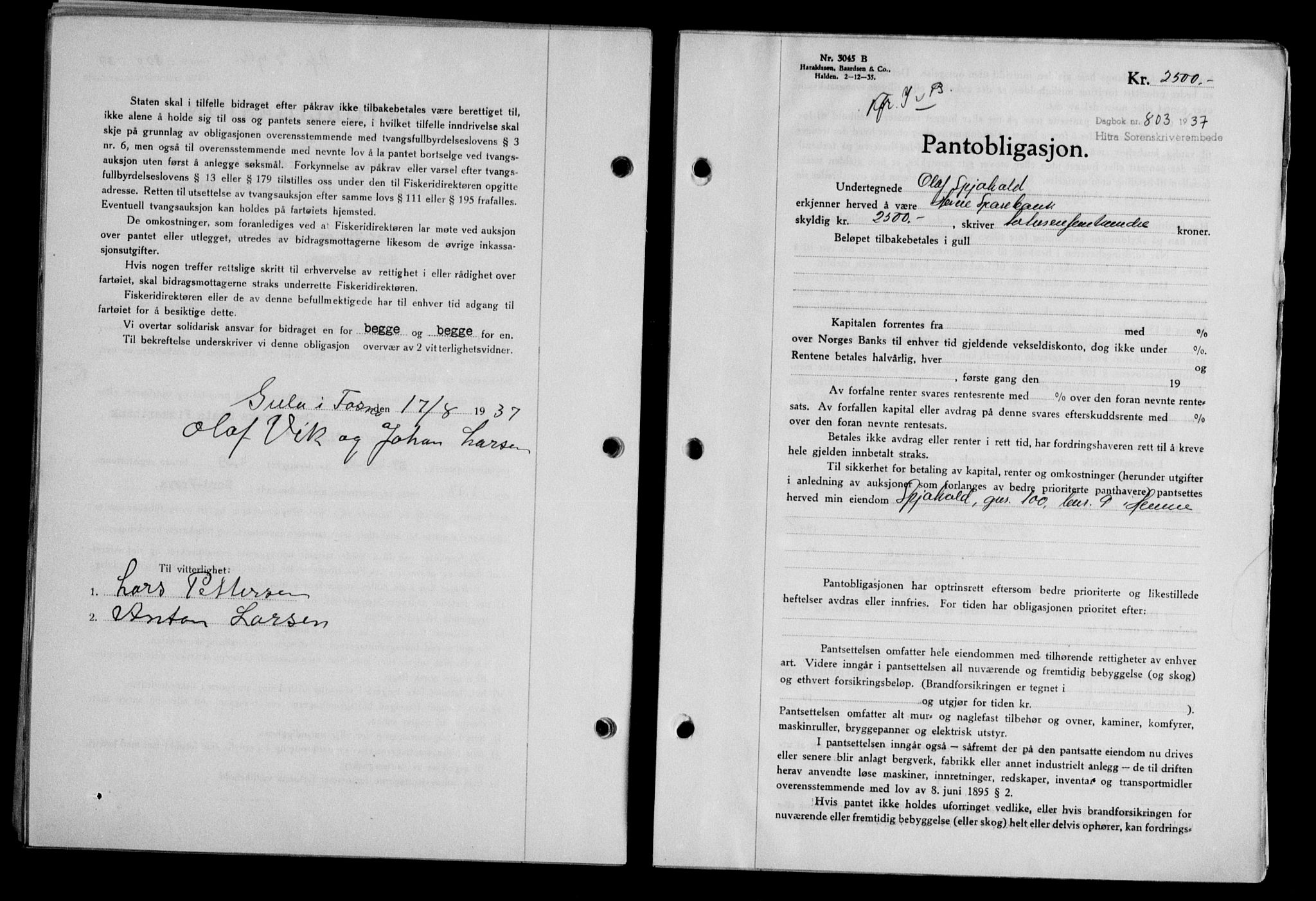 Hitra sorenskriveri, AV/SAT-A-0018/2/2C/2Ca/L0028: Mortgage book no. B-1, 1936-1939, Diary no: : 803/1937