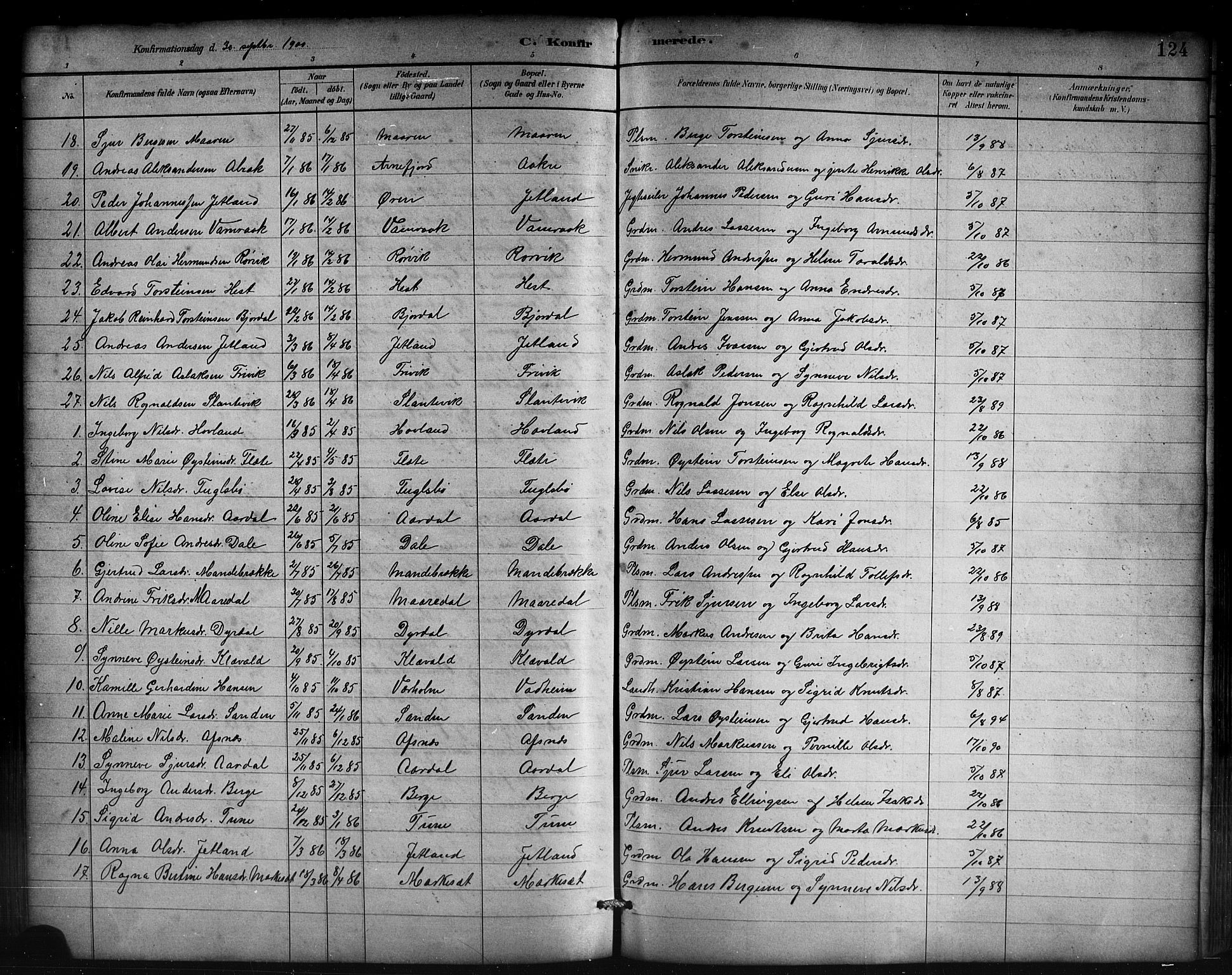 Lavik sokneprestembete, AV/SAB-A-80901: Parish register (copy) no. B 3, 1882-1913, p. 124