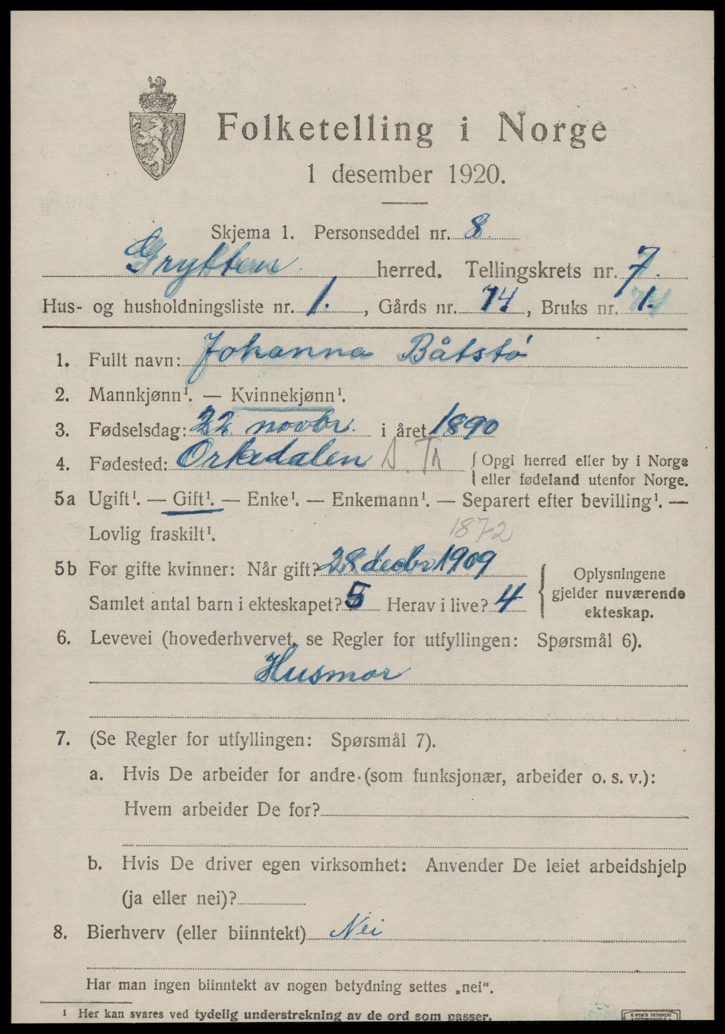 SAT, 1920 census for Grytten, 1920, p. 4838