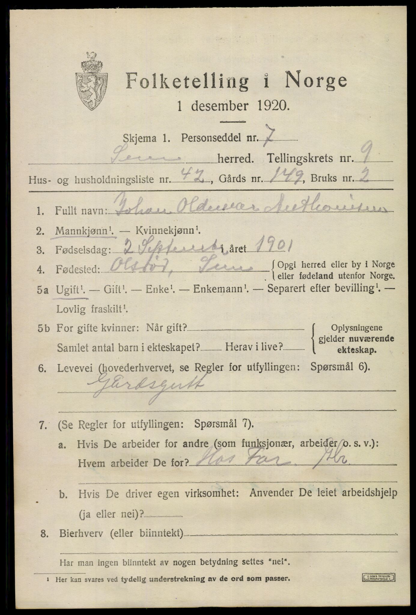 SAKO, 1920 census for Sem, 1920, p. 13037