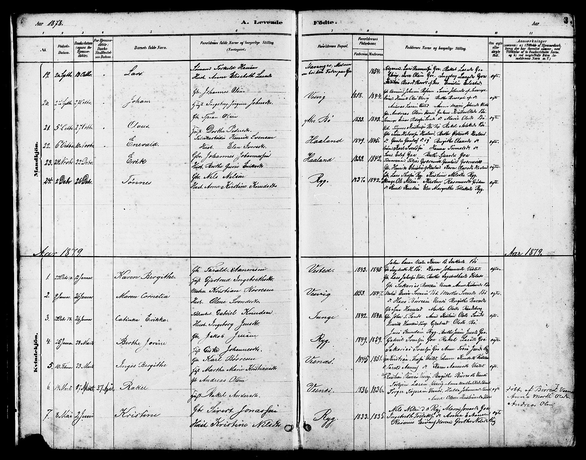 Hetland sokneprestkontor, SAST/A-101826/30/30BB/L0006: Parish register (copy) no. B 6, 1878-1921, p. 3