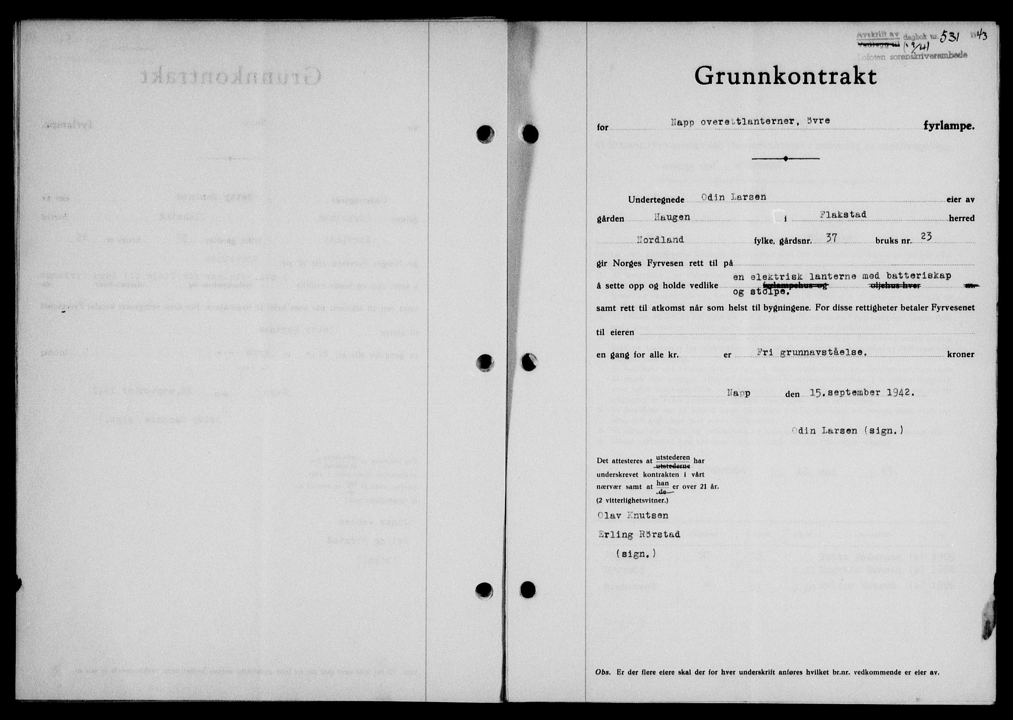 Lofoten sorenskriveri, SAT/A-0017/1/2/2C/L0011a: Mortgage book no. 11a, 1943-1943, Diary no: : 531/1943