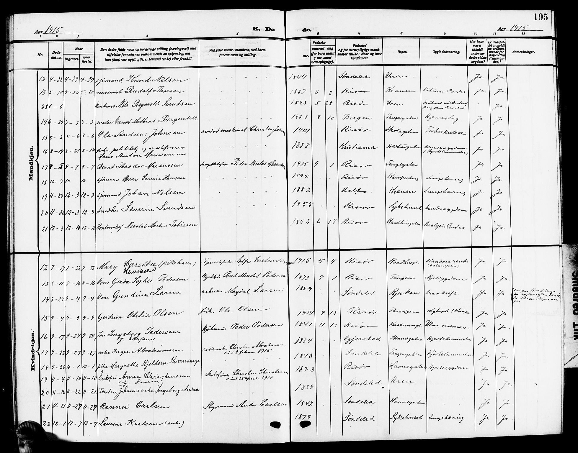 Risør sokneprestkontor, SAK/1111-0035/F/Fb/L0008: Parish register (copy) no. B 8, 1909-1921, p. 195