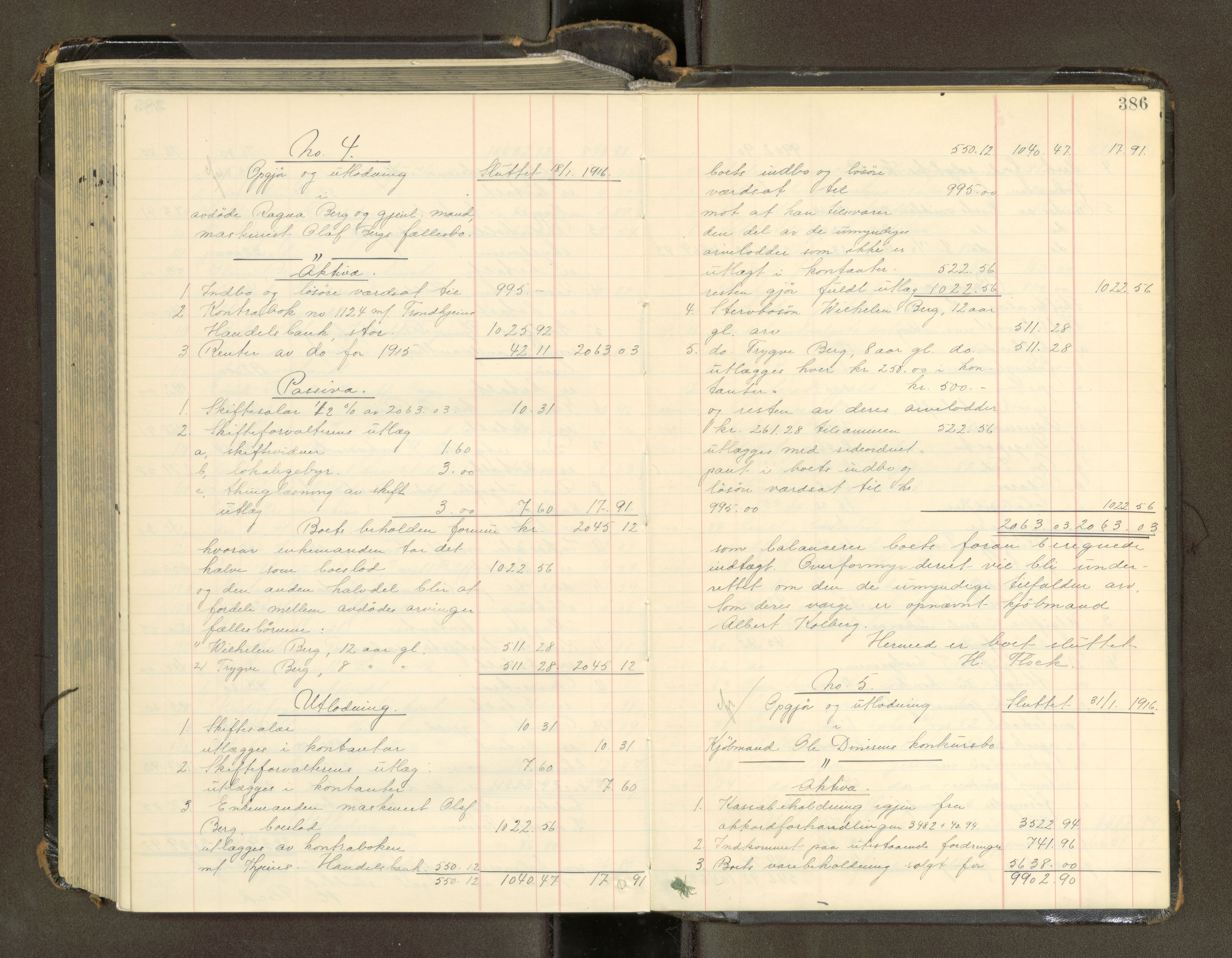 Trondheim byfogd, AV/SAT-A-0003/1/3/3A/L0041: Skifteutlodningsprotokoll - 1710-5/2. (m/ register), 1913-1916, p. 386