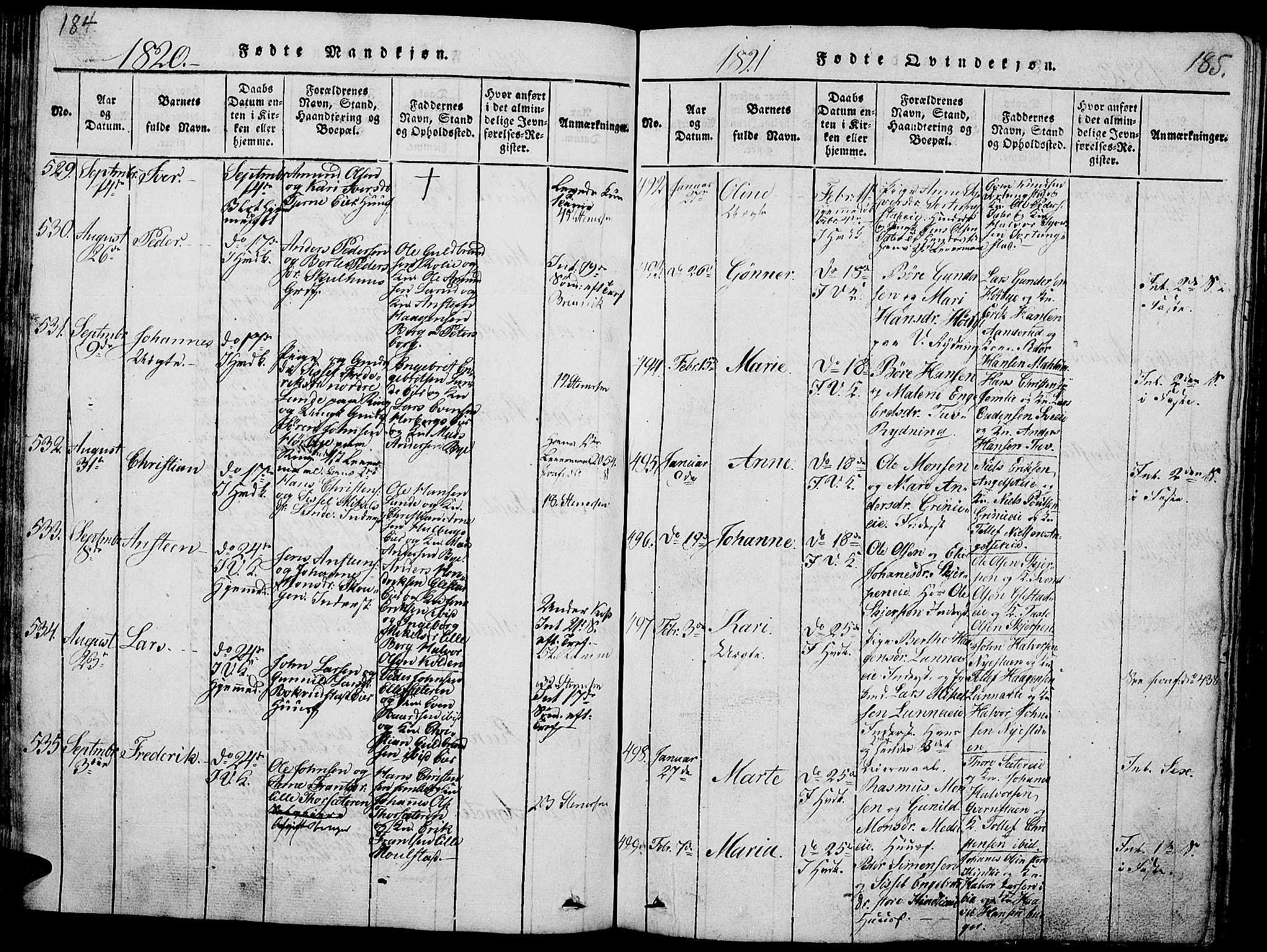 Ringsaker prestekontor, AV/SAH-PREST-014/L/La/L0001: Parish register (copy) no. 1, 1814-1826, p. 184-185