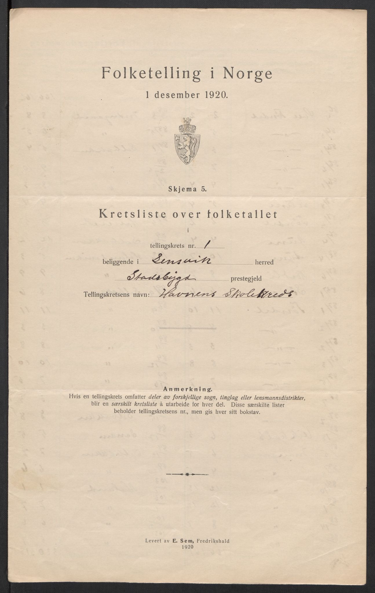 SAT, 1920 census for Lensvik, 1920, p. 6