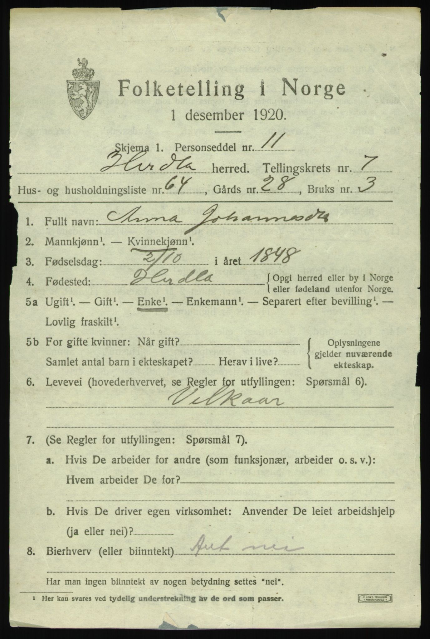 SAB, 1920 census for Herdla, 1920, p. 5737