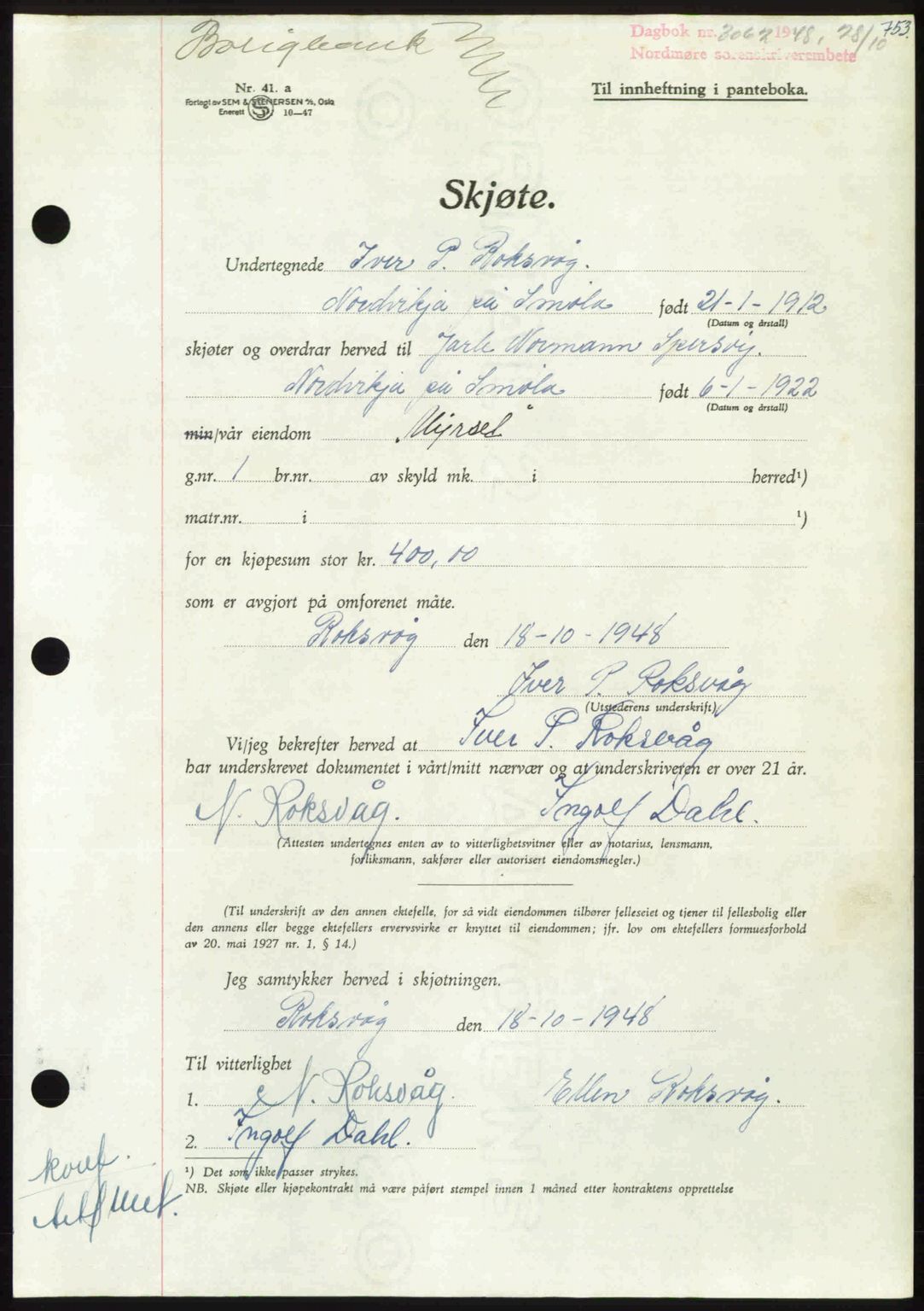 Nordmøre sorenskriveri, AV/SAT-A-4132/1/2/2Ca: Mortgage book no. A109, 1948-1948, Diary no: : 3062/1948