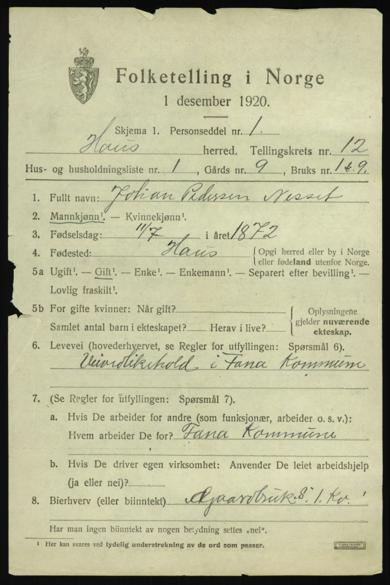SAB, 1920 census for Haus, 1920, p. 7435