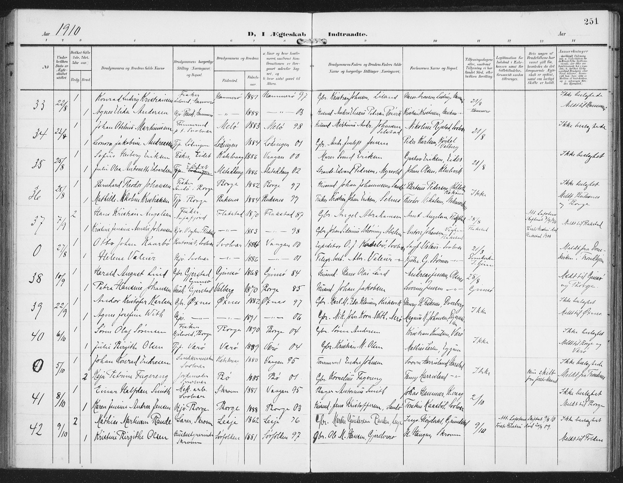 Ministerialprotokoller, klokkerbøker og fødselsregistre - Nordland, SAT/A-1459/874/L1063: Parish register (official) no. 874A07, 1907-1915, p. 251