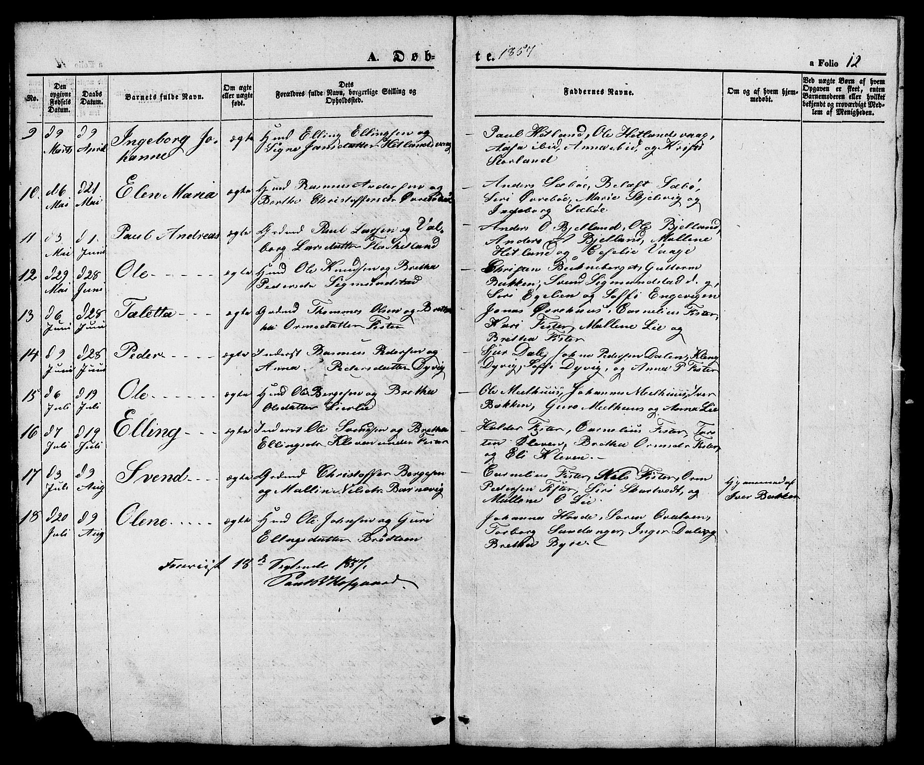Hjelmeland sokneprestkontor, SAST/A-101843/01/V/L0005: Parish register (copy) no. B 5, 1853-1892, p. 12