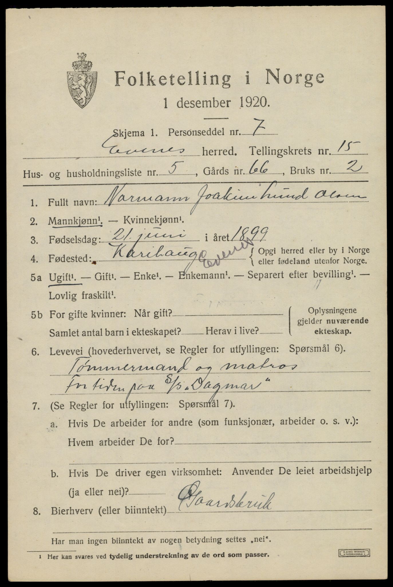 SAT, 1920 census for Evenes, 1920, p. 12796