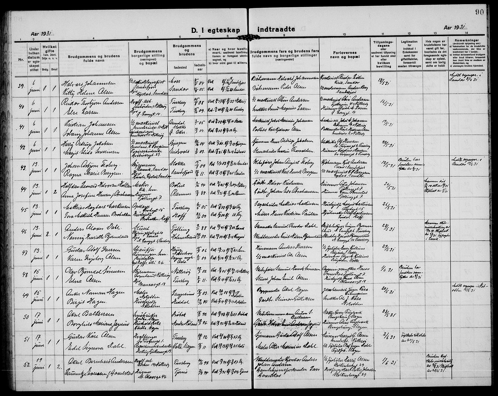 Tønsberg kirkebøker, AV/SAKO-A-330/G/Ga/L0016: Parish register (copy) no. 16, 1920-1933, p. 90