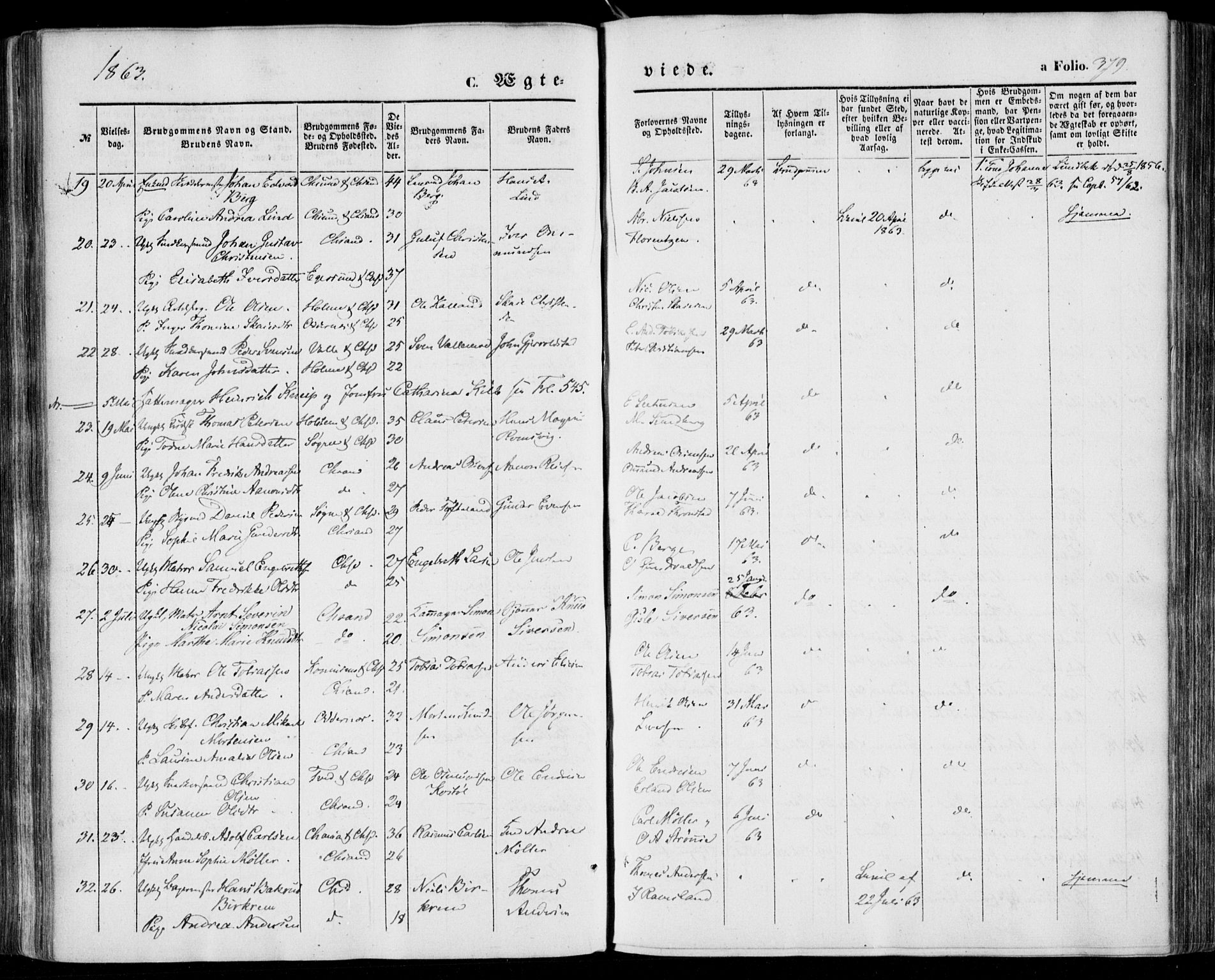 Kristiansand domprosti, AV/SAK-1112-0006/F/Fa/L0014: Parish register (official) no. A 14, 1852-1867, p. 379