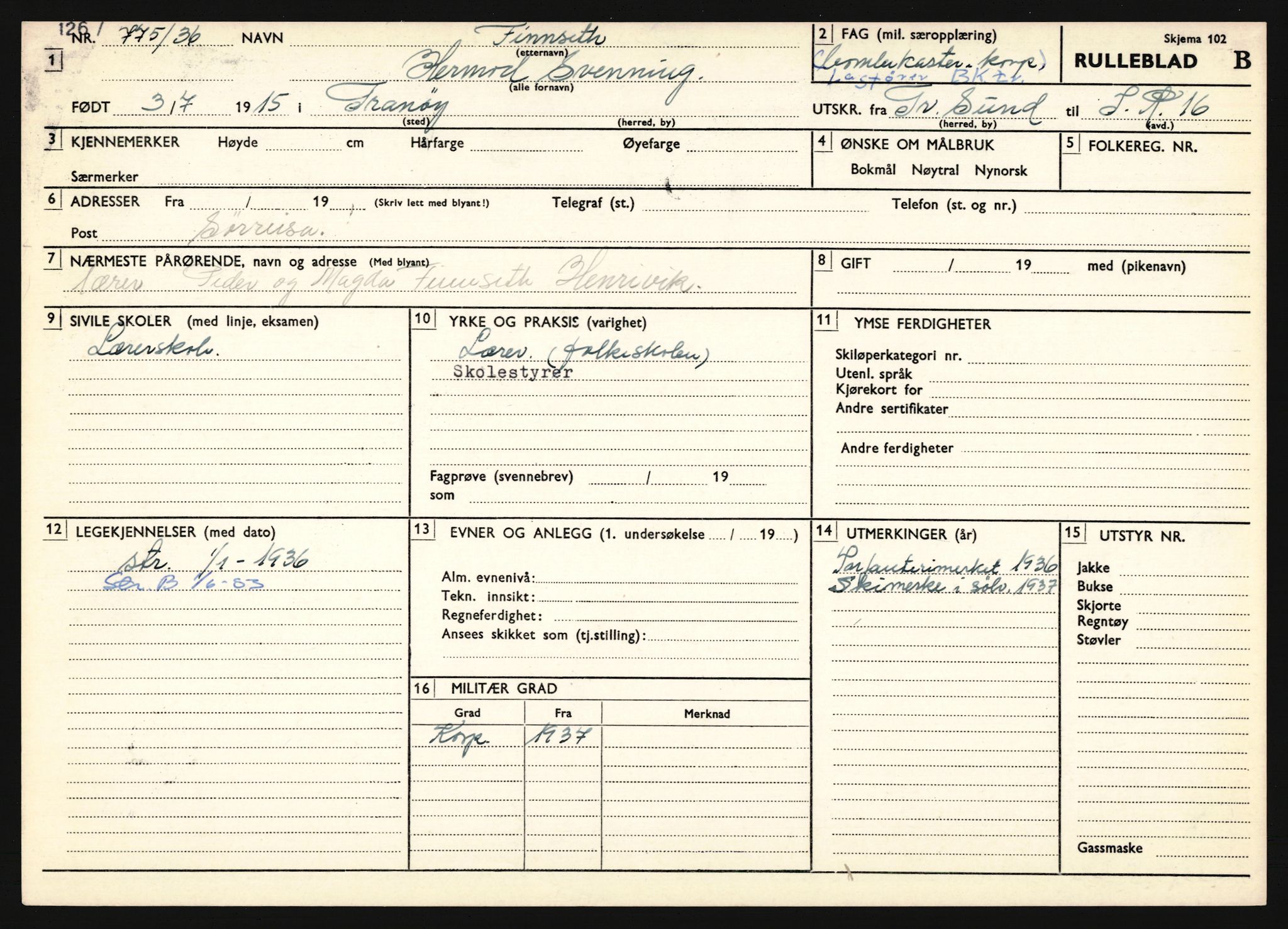 Forsvaret, Troms infanteriregiment nr. 16, AV/RA-RAFA-3146/P/Pa/L0020: Rulleblad for regimentets menige mannskaper, årsklasse 1936, 1936, p. 231