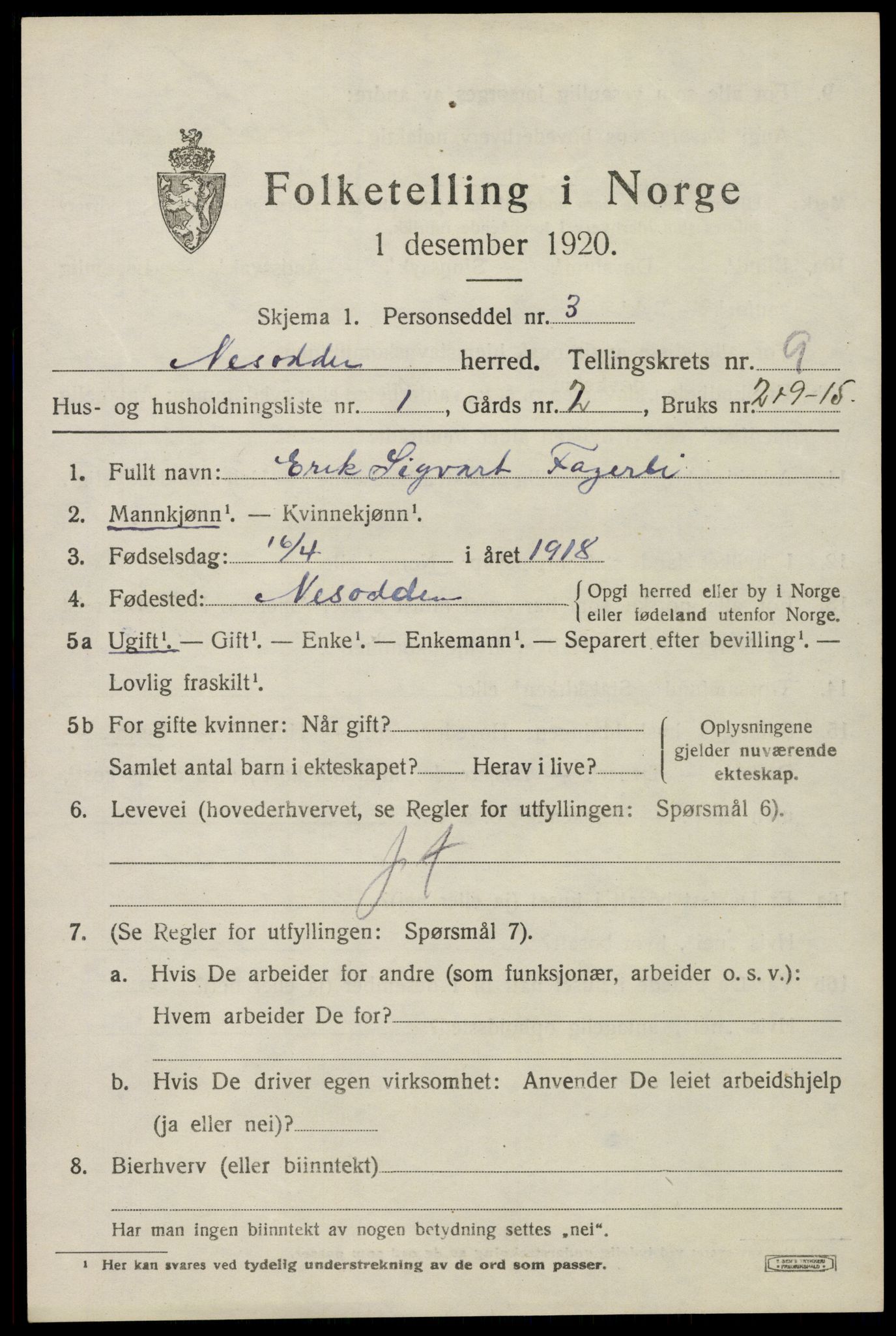 SAO, 1920 census for Nesodden, 1920, p. 6699