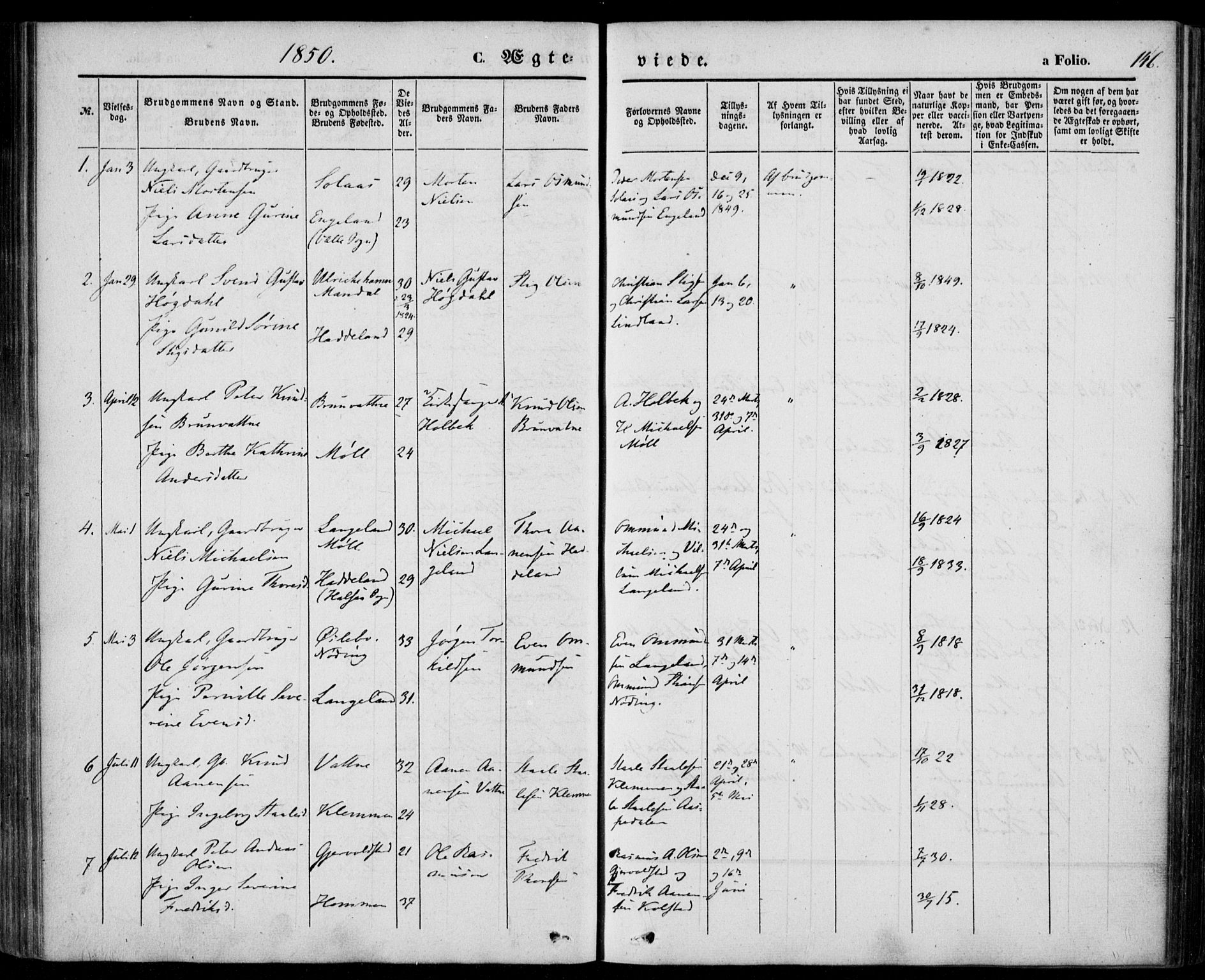 Holum sokneprestkontor, SAK/1111-0022/F/Fa/Faa/L0005: Parish register (official) no. A 5, 1850-1864, p. 146