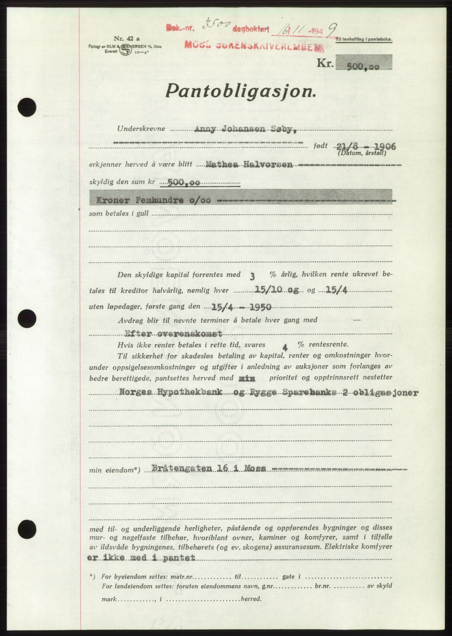 Moss sorenskriveri, SAO/A-10168: Mortgage book no. B23, 1949-1950, Diary no: : 3500/1949