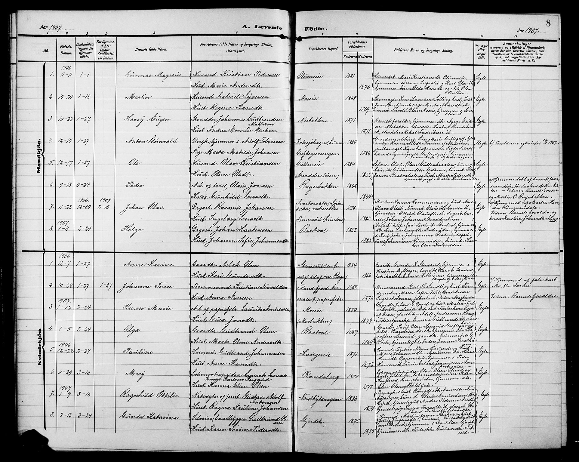 Jevnaker prestekontor, SAH/PREST-116/H/Ha/Hab/L0004: Parish register (copy) no. 4, 1907-1918, p. 8