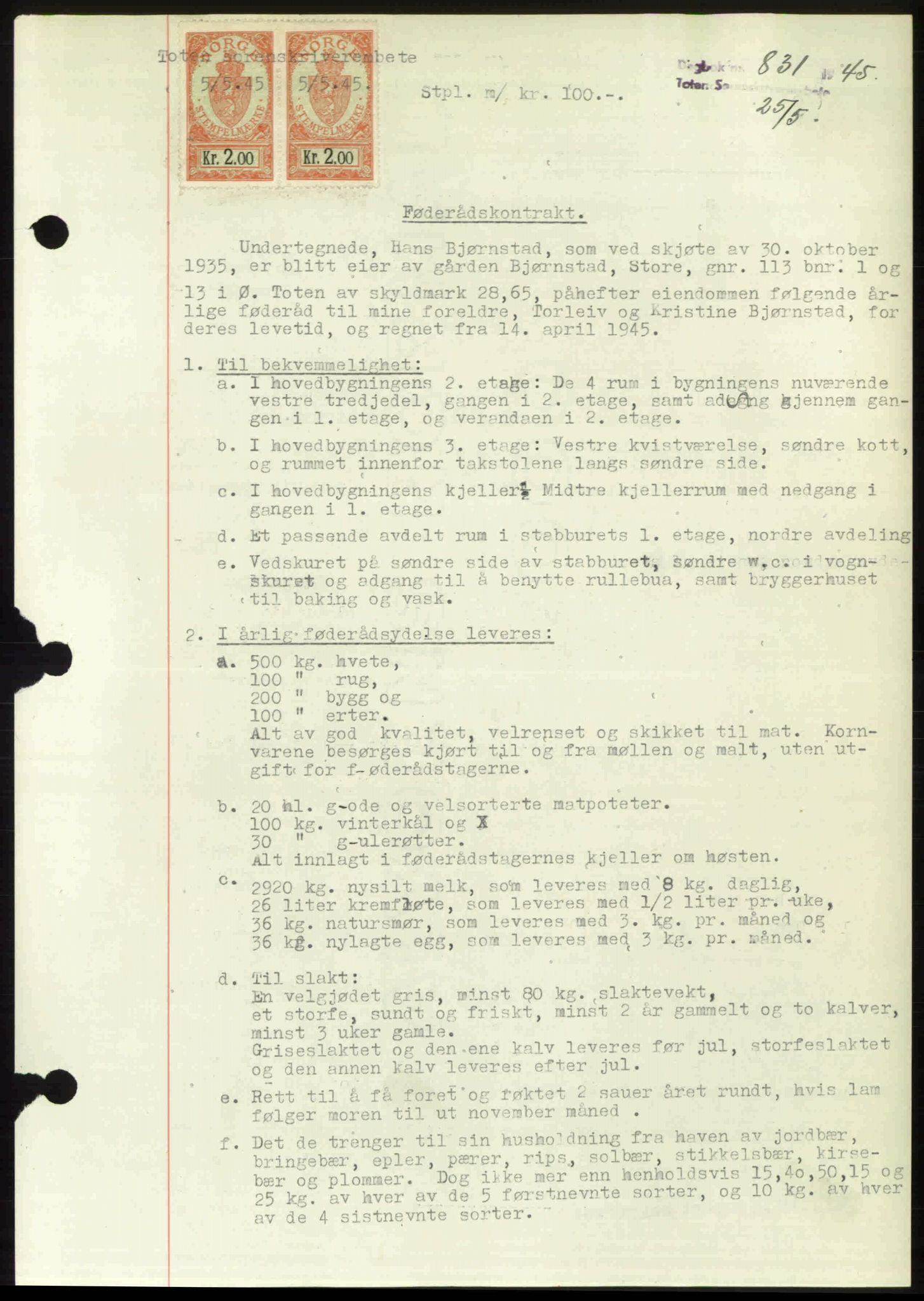 Toten tingrett, SAH/TING-006/H/Hb/Hbc/L0013: Mortgage book no. Hbc-13, 1945-1945, Diary no: : 831/1945