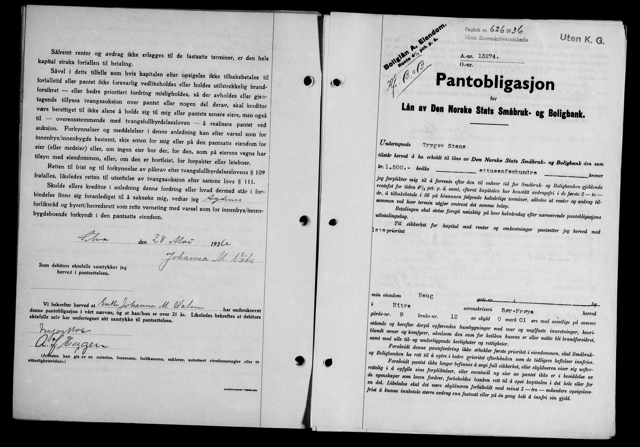 Hitra sorenskriveri, AV/SAT-A-0018/2/2C/2Ca/L0028: Mortgage book no. B-1, 1936-1939, Diary no: : 626/1936