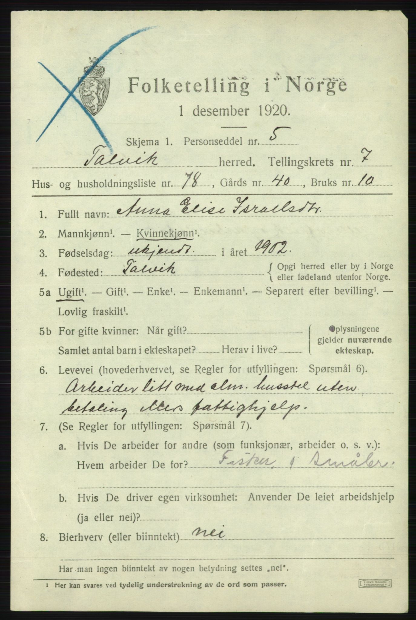 SATØ, 1920 census for Talvik, 1920, p. 4974