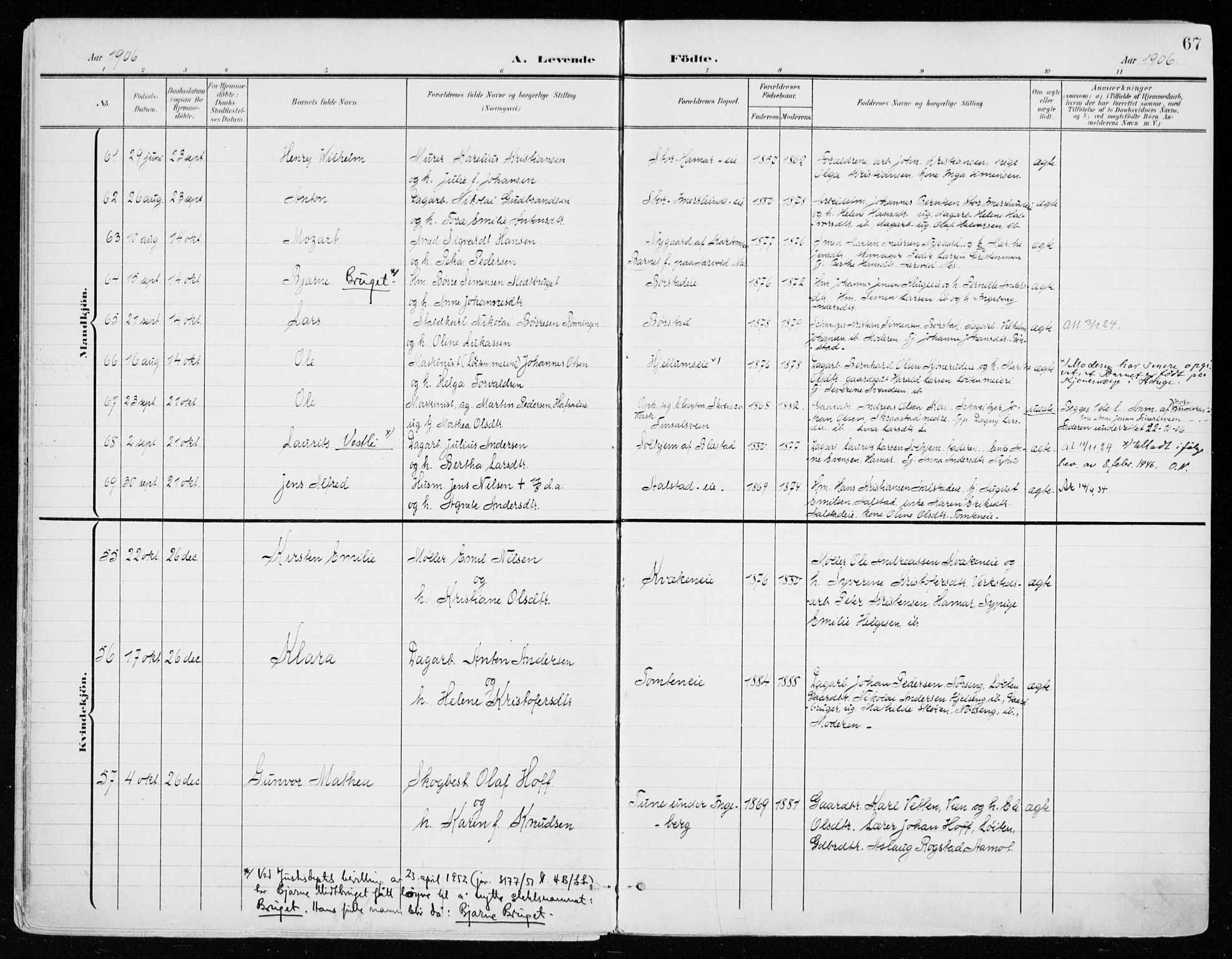 Vang prestekontor, Hedmark, AV/SAH-PREST-008/H/Ha/Haa/L0021: Parish register (official) no. 21, 1902-1917, p. 67