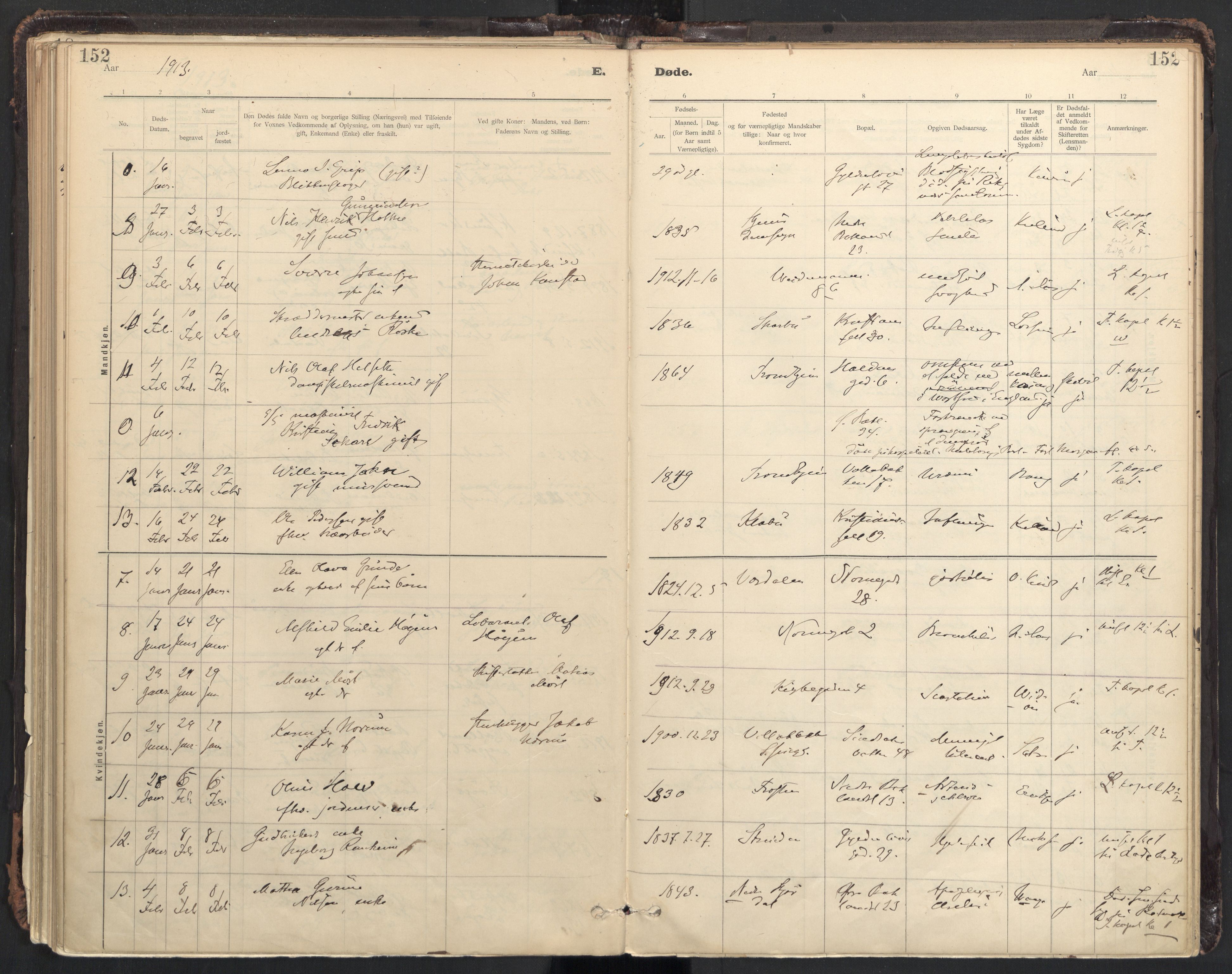 Ministerialprotokoller, klokkerbøker og fødselsregistre - Sør-Trøndelag, SAT/A-1456/604/L0204: Parish register (official) no. 604A24, 1911-1920, p. 152