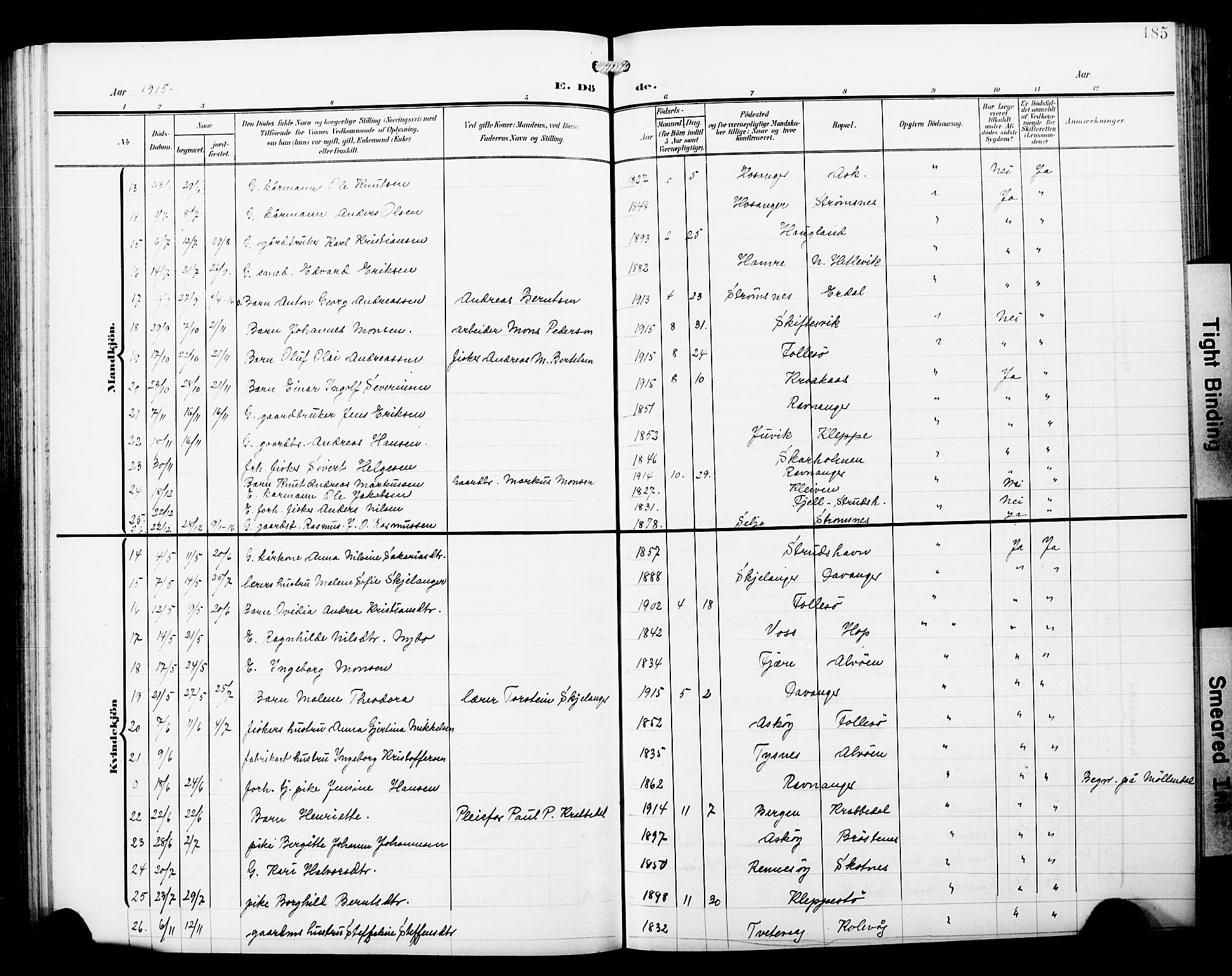 Askøy Sokneprestembete, SAB/A-74101/H/Ha/Hab/Haba/L0014: Parish register (copy) no. A 14, 1904-1927, p. 185