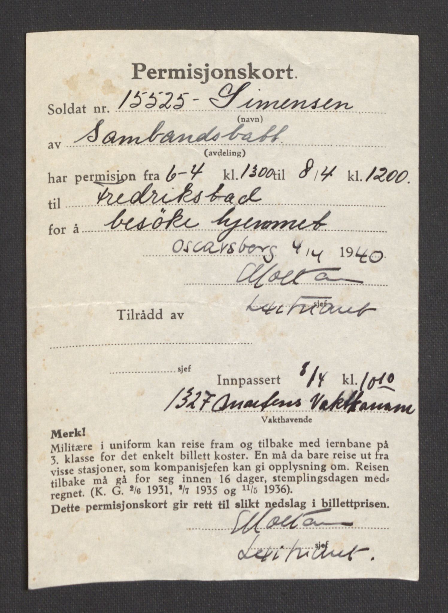 Forsvarsdepartementet, Oscarsborg festning, AV/RA-RAFA-4479/F/Fa/L0001: Vaktjournal (vedlagt 9 permisjonskort), 1940