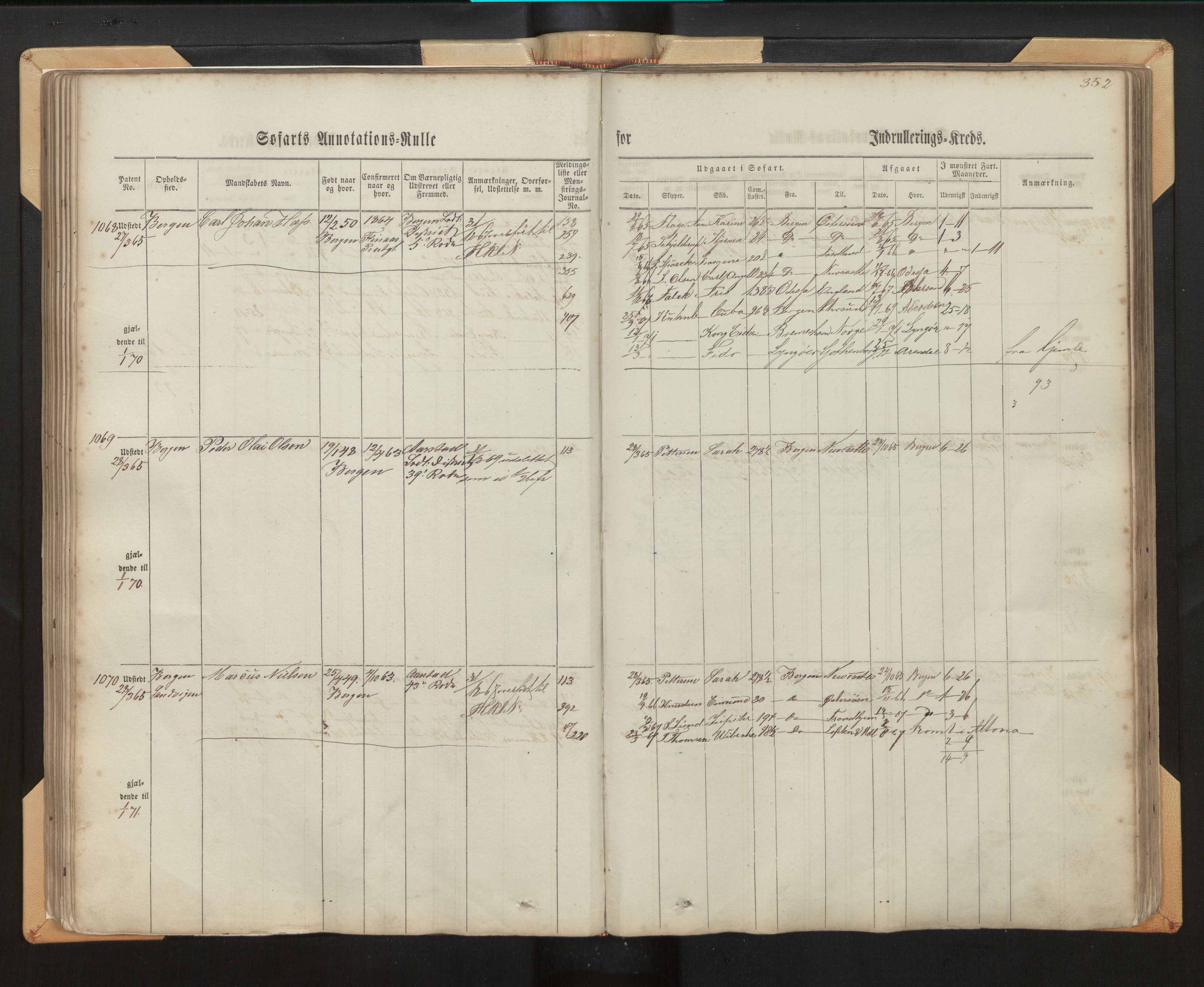 Innrulleringssjefen i Bergen, AV/SAB-A-100050/F/Fh/L0006: Sjøfarts- og annotasjonsrulle for Bergen krets, fol. 239 - ut, 1860-1867, p. 352