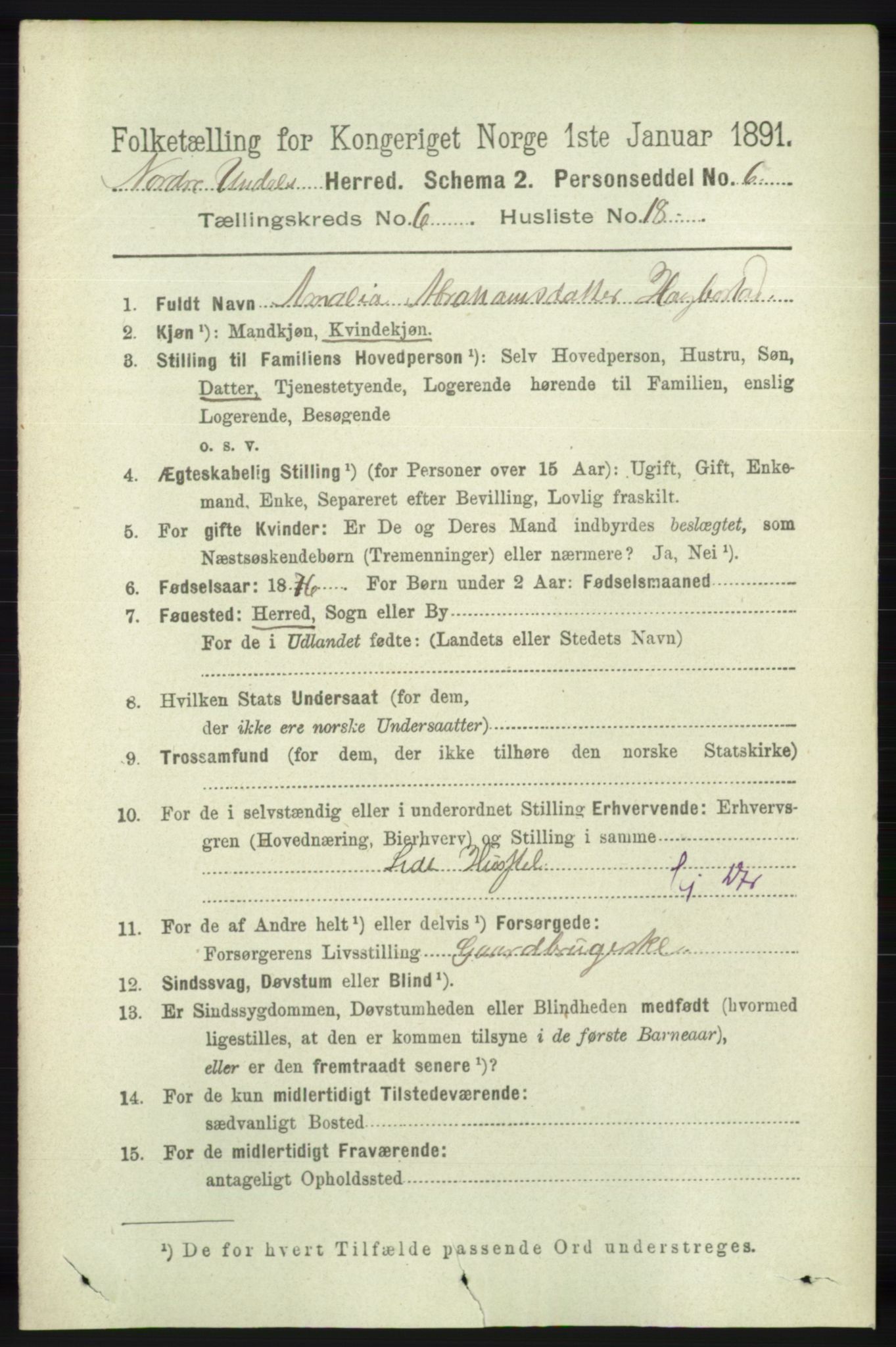 RA, 1891 census for 1028 Nord-Audnedal, 1891, p. 1614