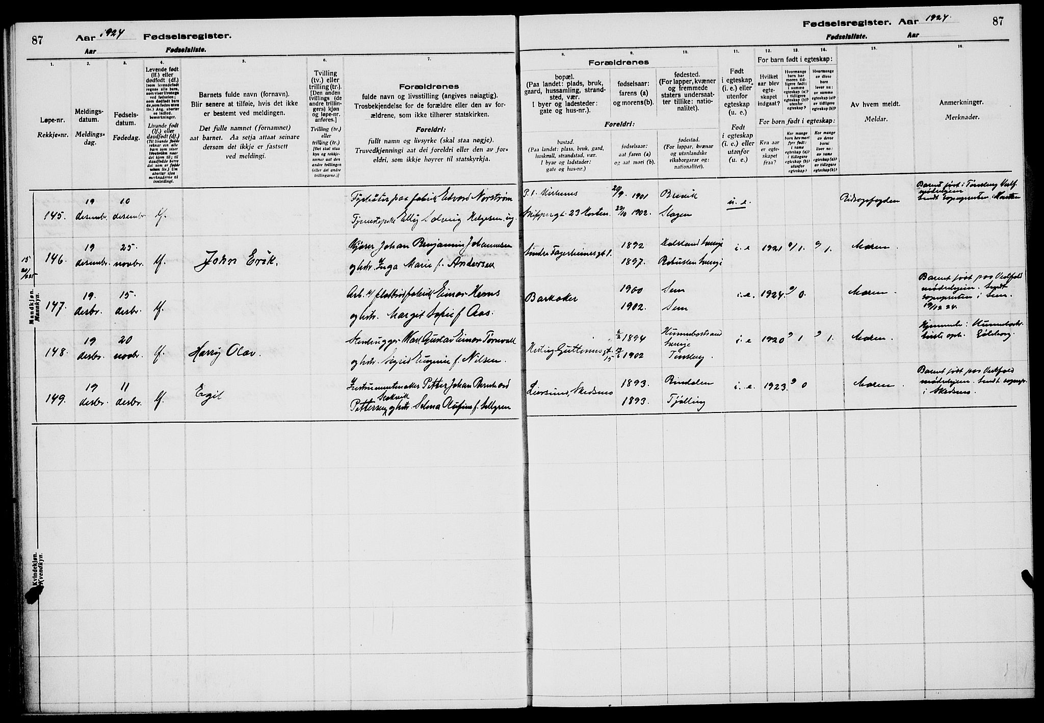 Tønsberg kirkebøker, AV/SAKO-A-330/J/Ja/L0002: Birth register no. 2, 1922-1928, p. 87