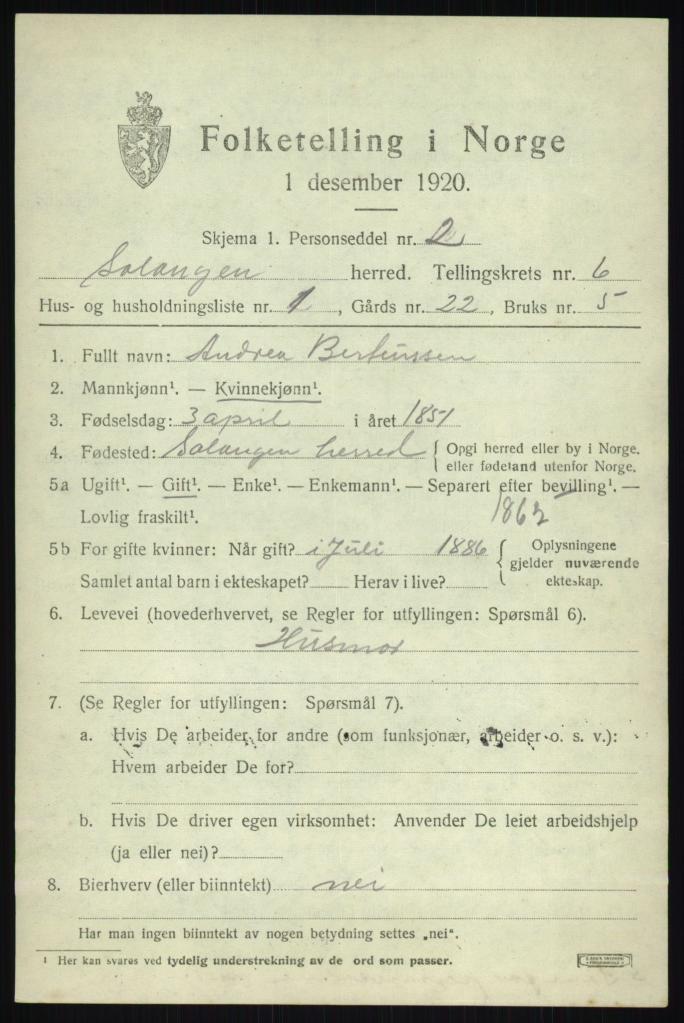 SATØ, 1920 census for Salangen, 1920, p. 4266