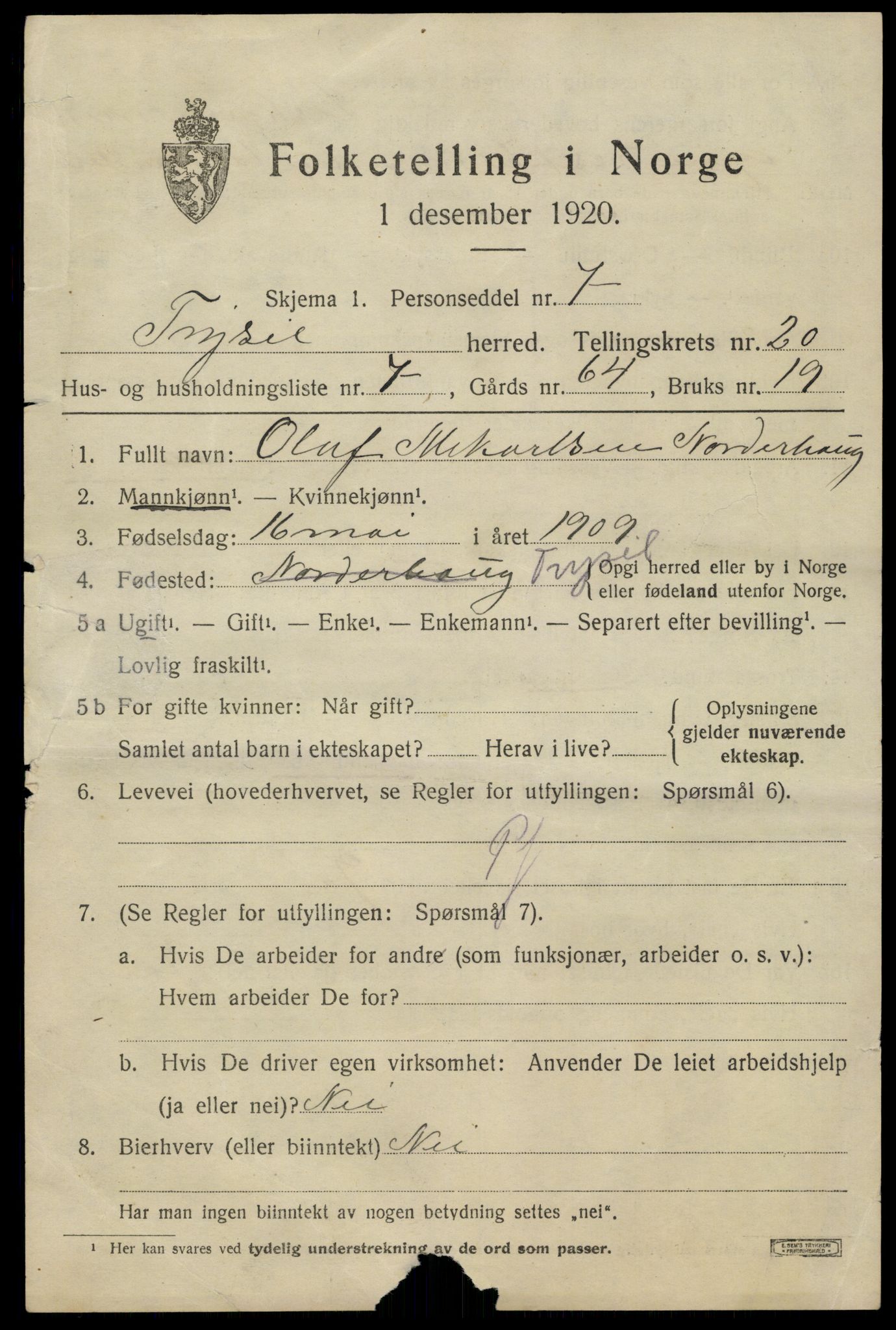 SAH, 1920 census for Trysil, 1920, p. 13095