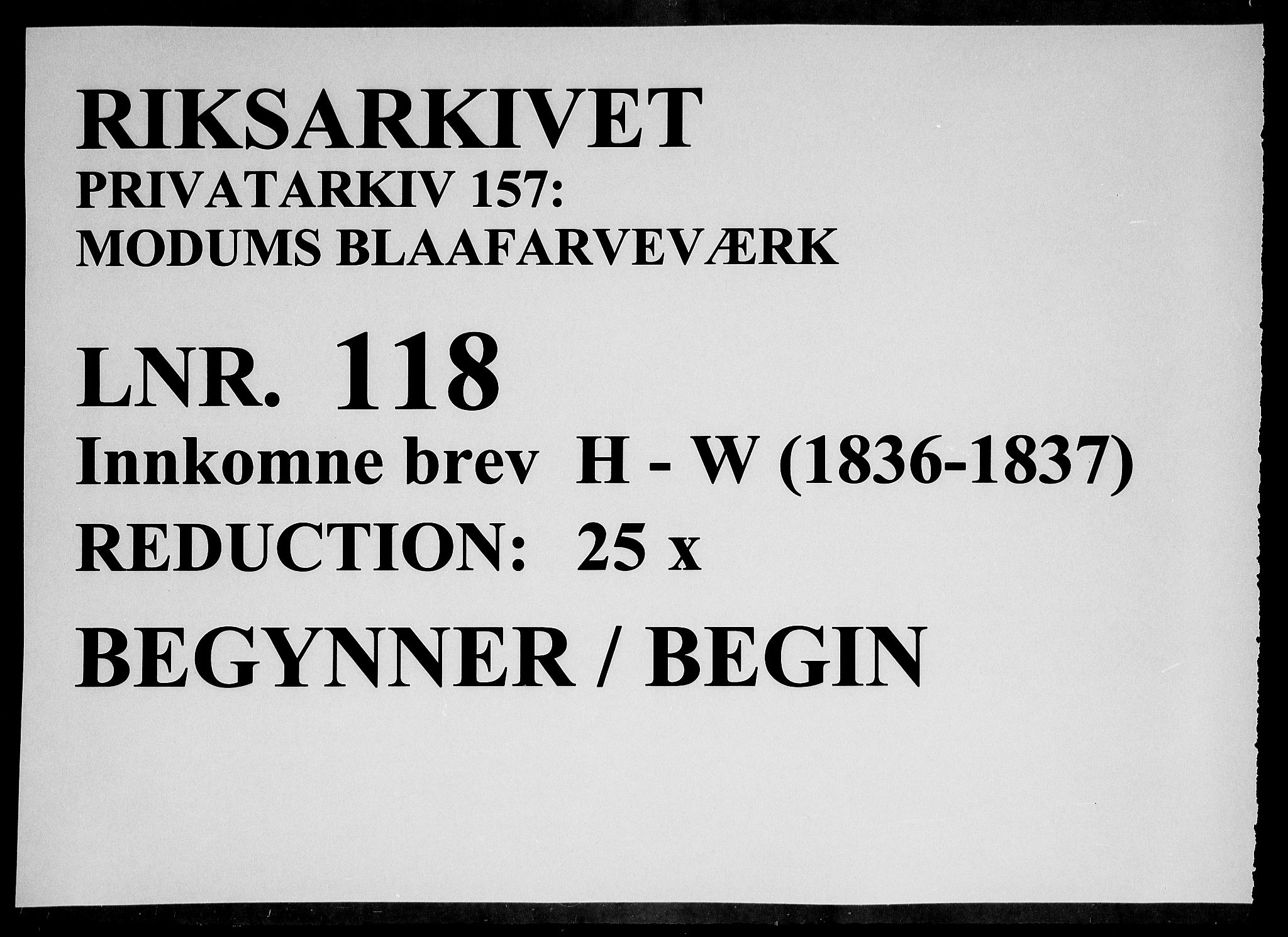 Modums Blaafarveværk, RA/PA-0157/G/Gb/L0118/0001: -- / Innkomne brev H - W, 1836-1837, p. 1
