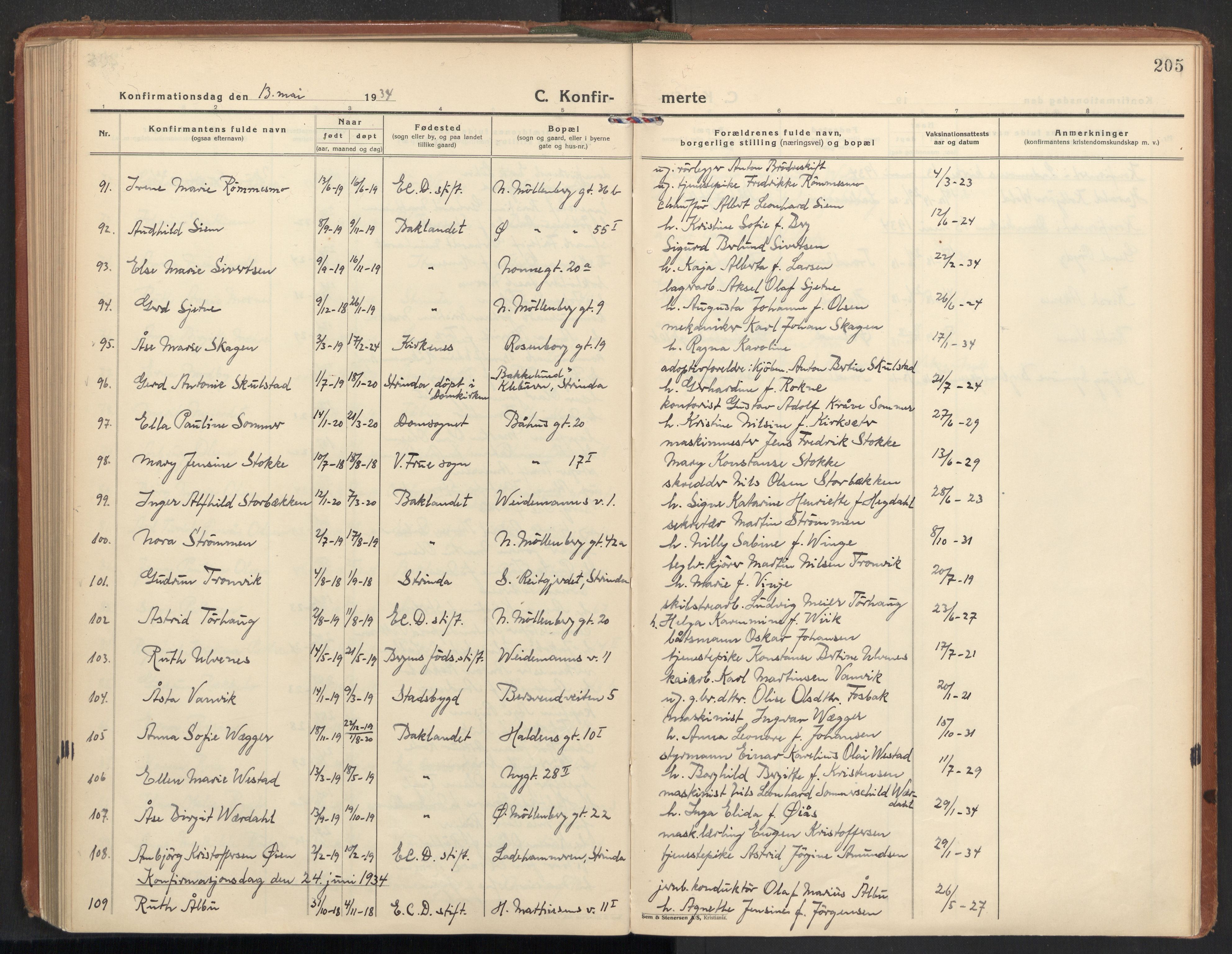 Ministerialprotokoller, klokkerbøker og fødselsregistre - Sør-Trøndelag, AV/SAT-A-1456/604/L0208: Parish register (official) no. 604A28, 1923-1937, p. 205