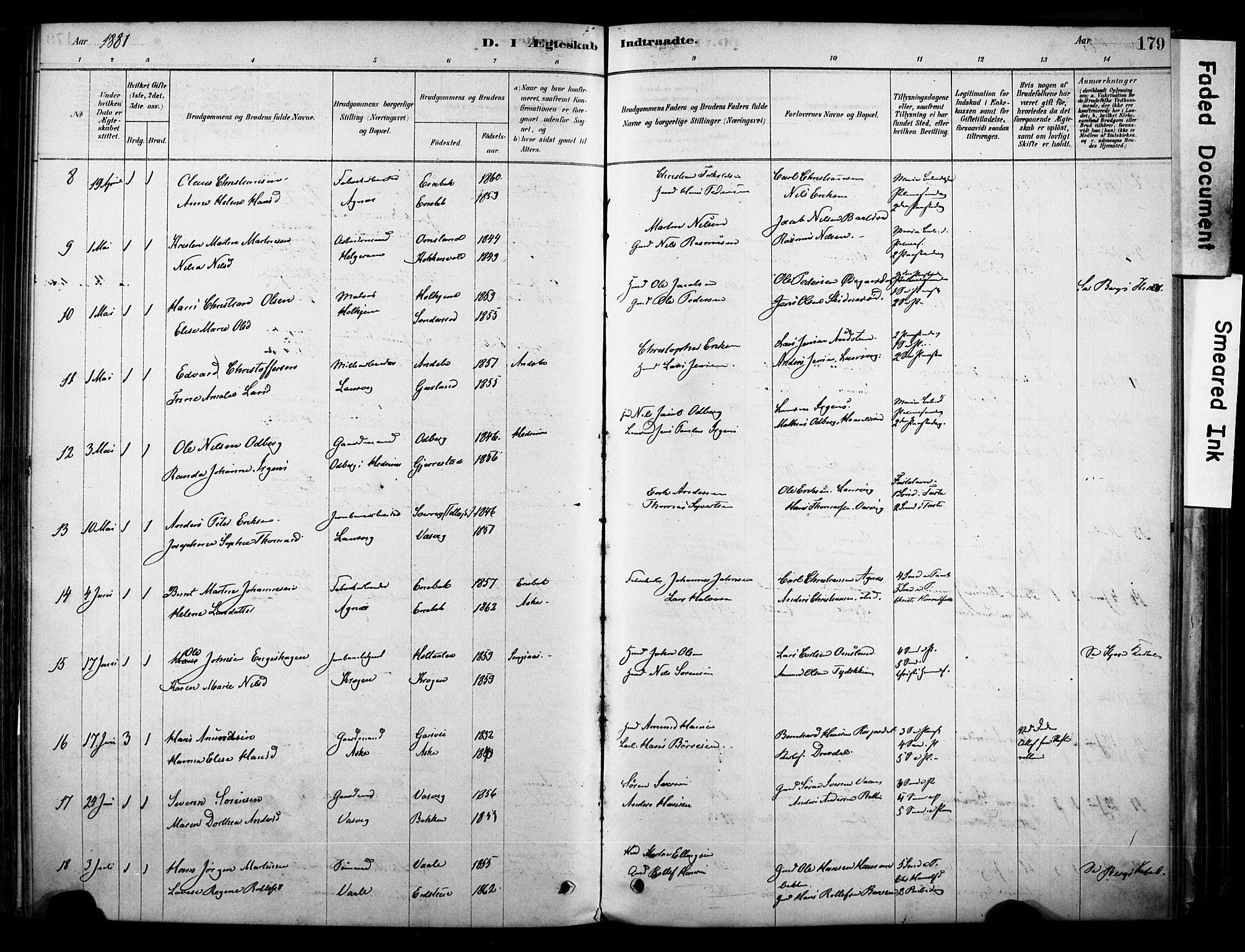 Brunlanes kirkebøker, AV/SAKO-A-342/F/Fc/L0001: Parish register (official) no. III 1, 1878-1899, p. 179