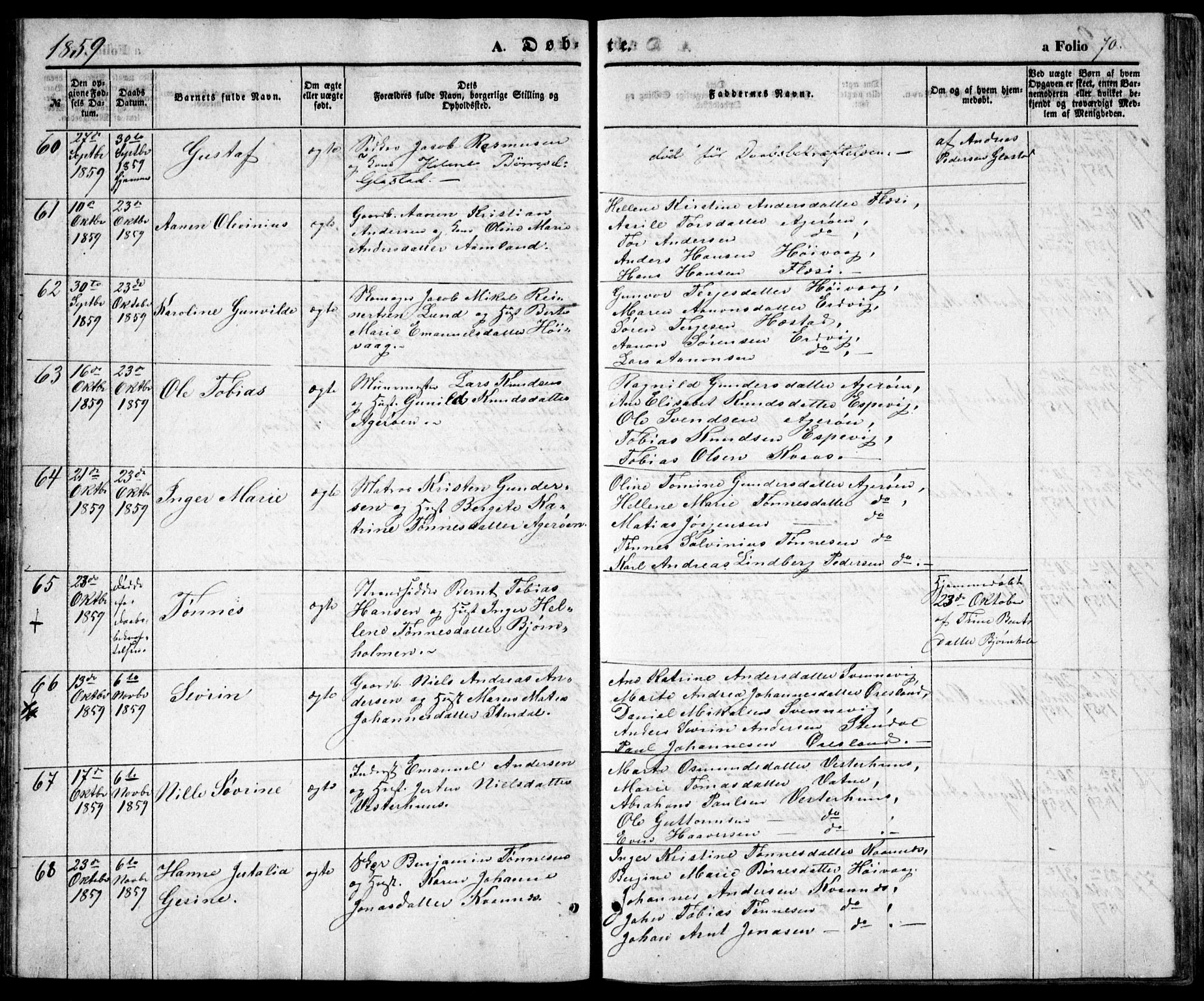 Høvåg sokneprestkontor, SAK/1111-0025/F/Fb/L0002: Parish register (copy) no. B 2, 1847-1869, p. 70