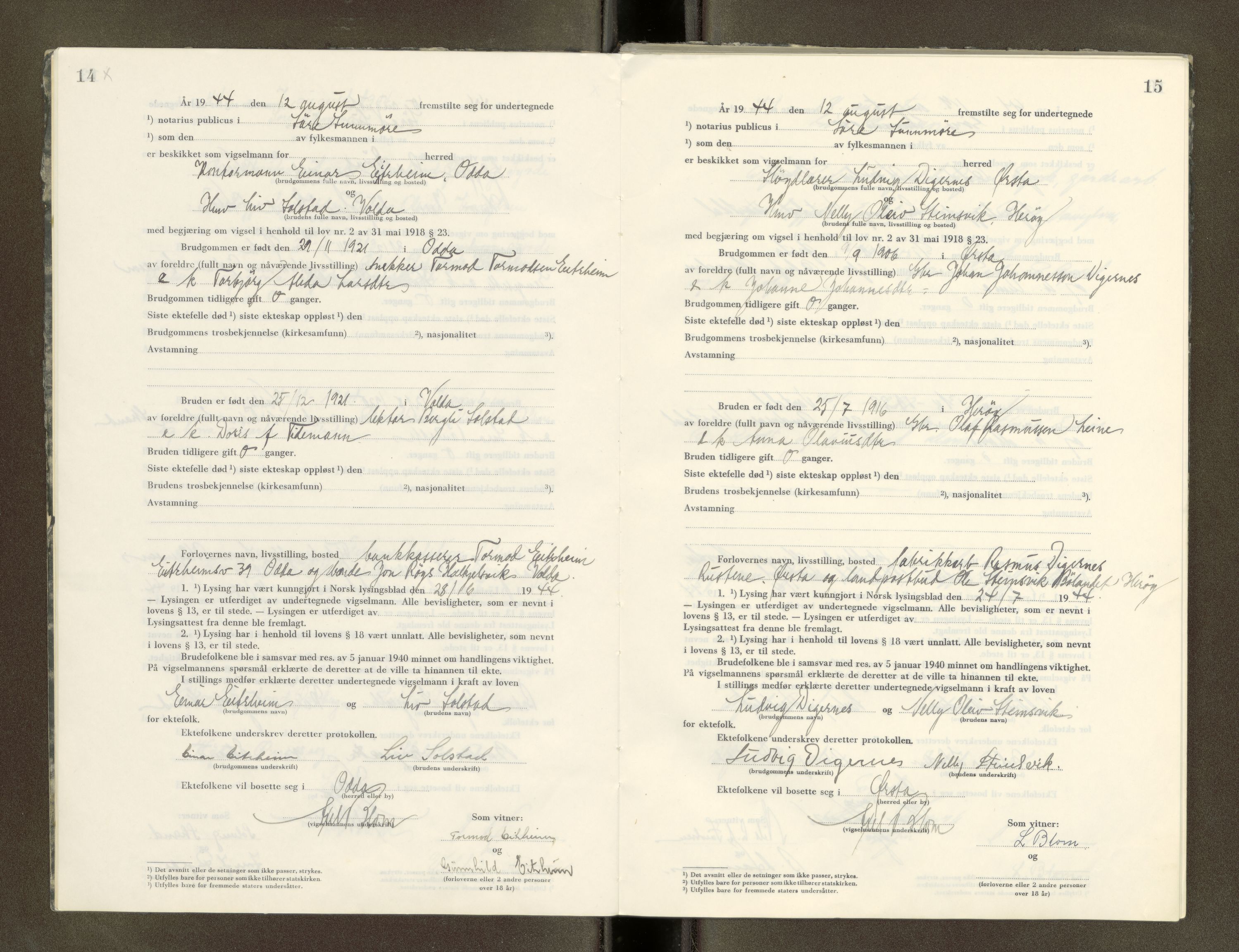 Søre Sunnmøre sorenskriveri, AV/SAT-A-4122/1/6/6D/L0003: Vigselsbok, 1944-1966, p. 14-15